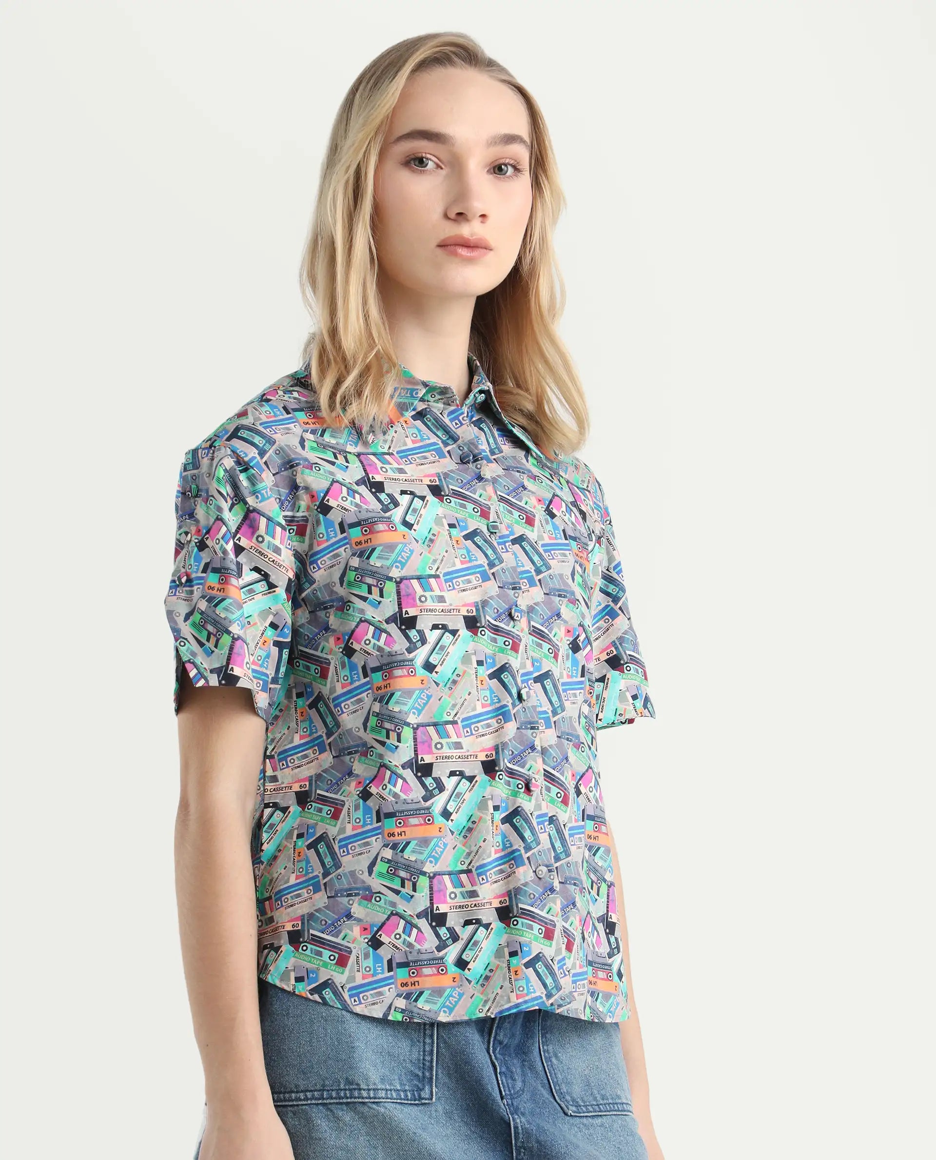 Rareism Women's Bhx Multi Cotton Drop Collar Object Print Regular Fit Shirt