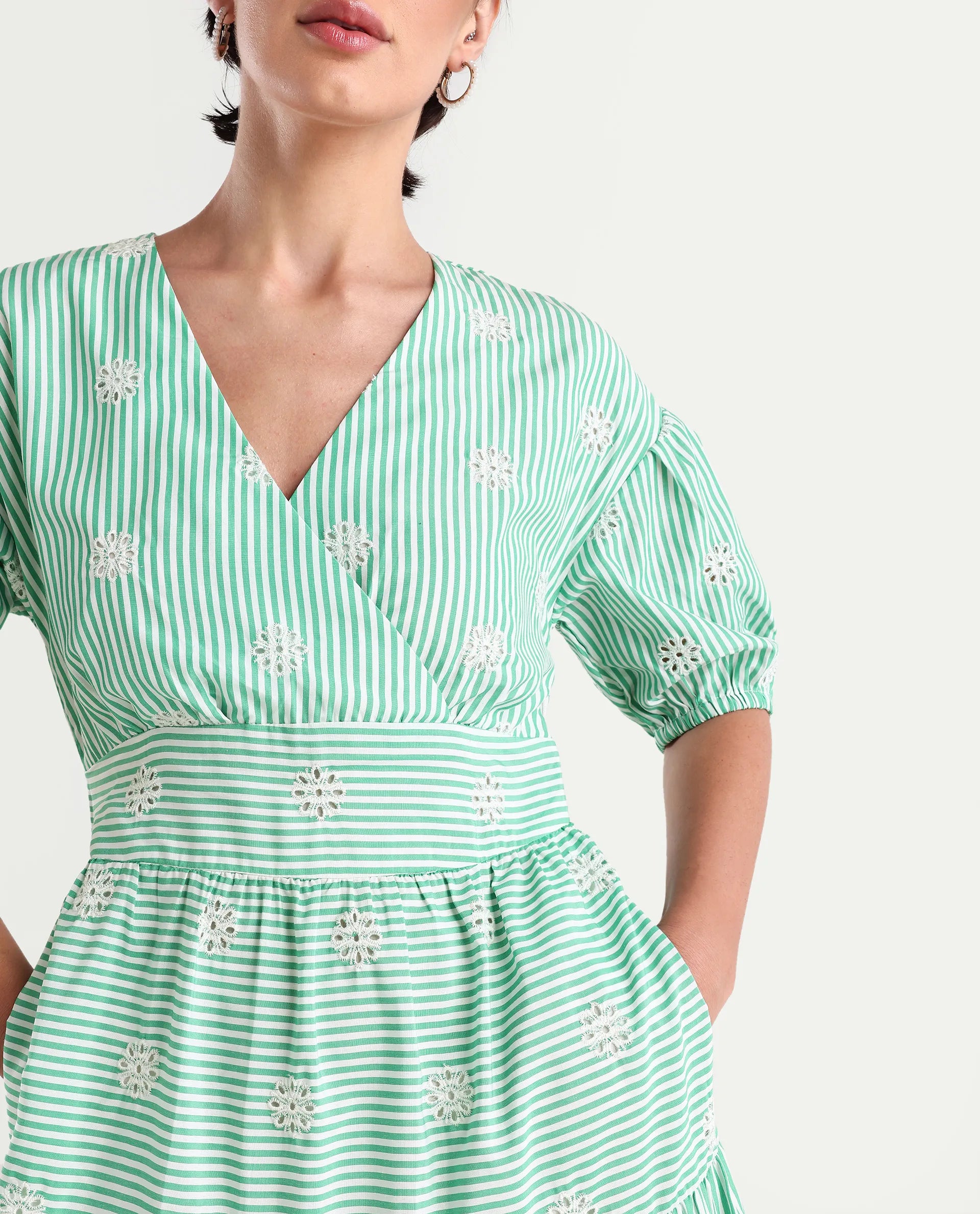 Rareism Women's Bhyrin Light Green Cotton V-Neck Striped Puff Sleeves Maxi Fit And Flare Dress