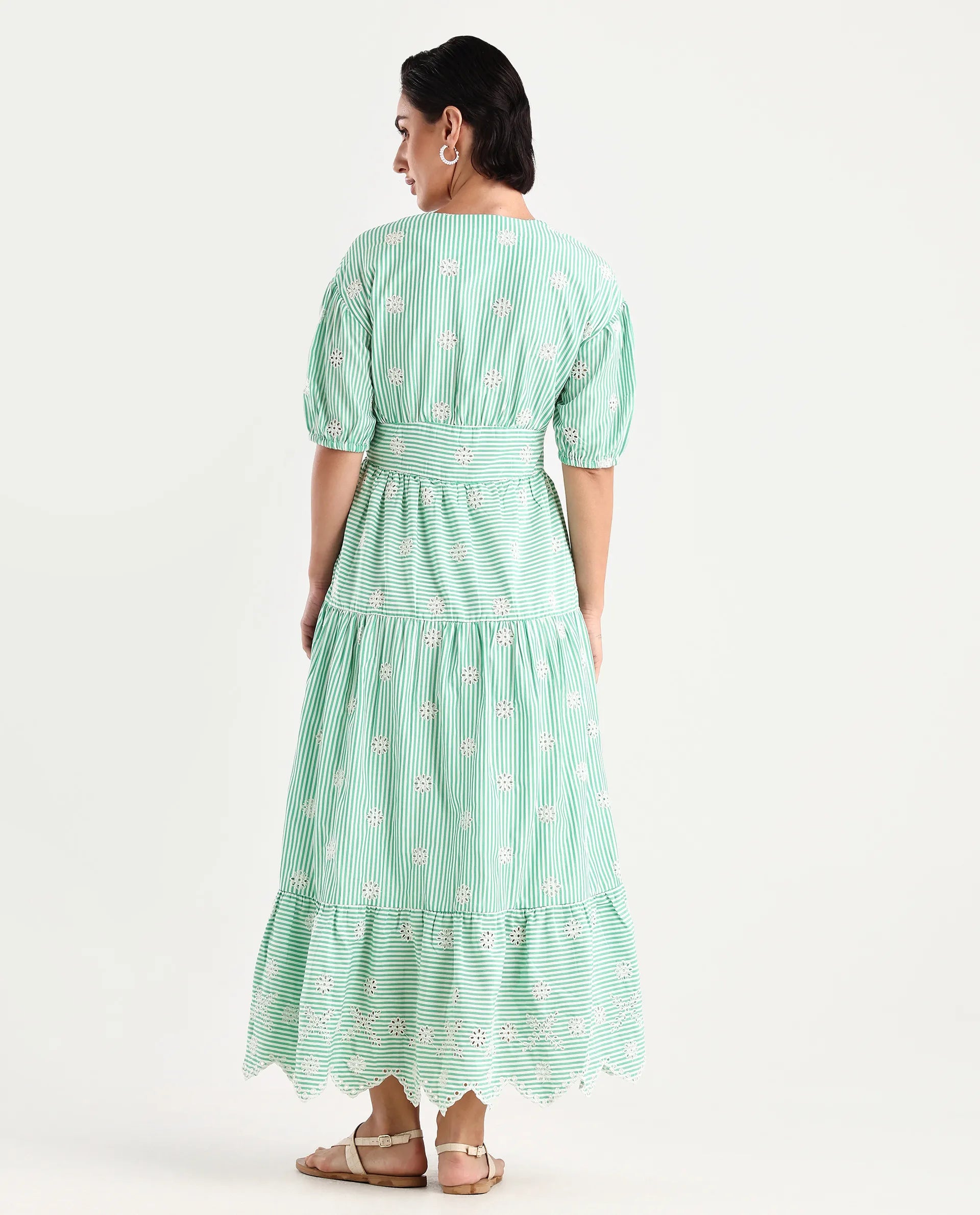 Rareism Women's Bhyrin Light Green Cotton V-Neck Striped Puff Sleeves Maxi Fit And Flare Dress