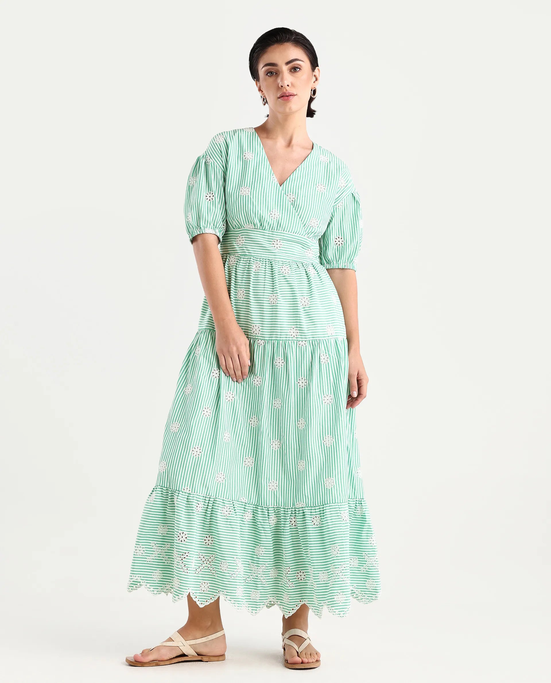 Rareism Women's Bhyrin Light Green Cotton V-Neck Striped Puff Sleeves Maxi Fit And Flare Dress