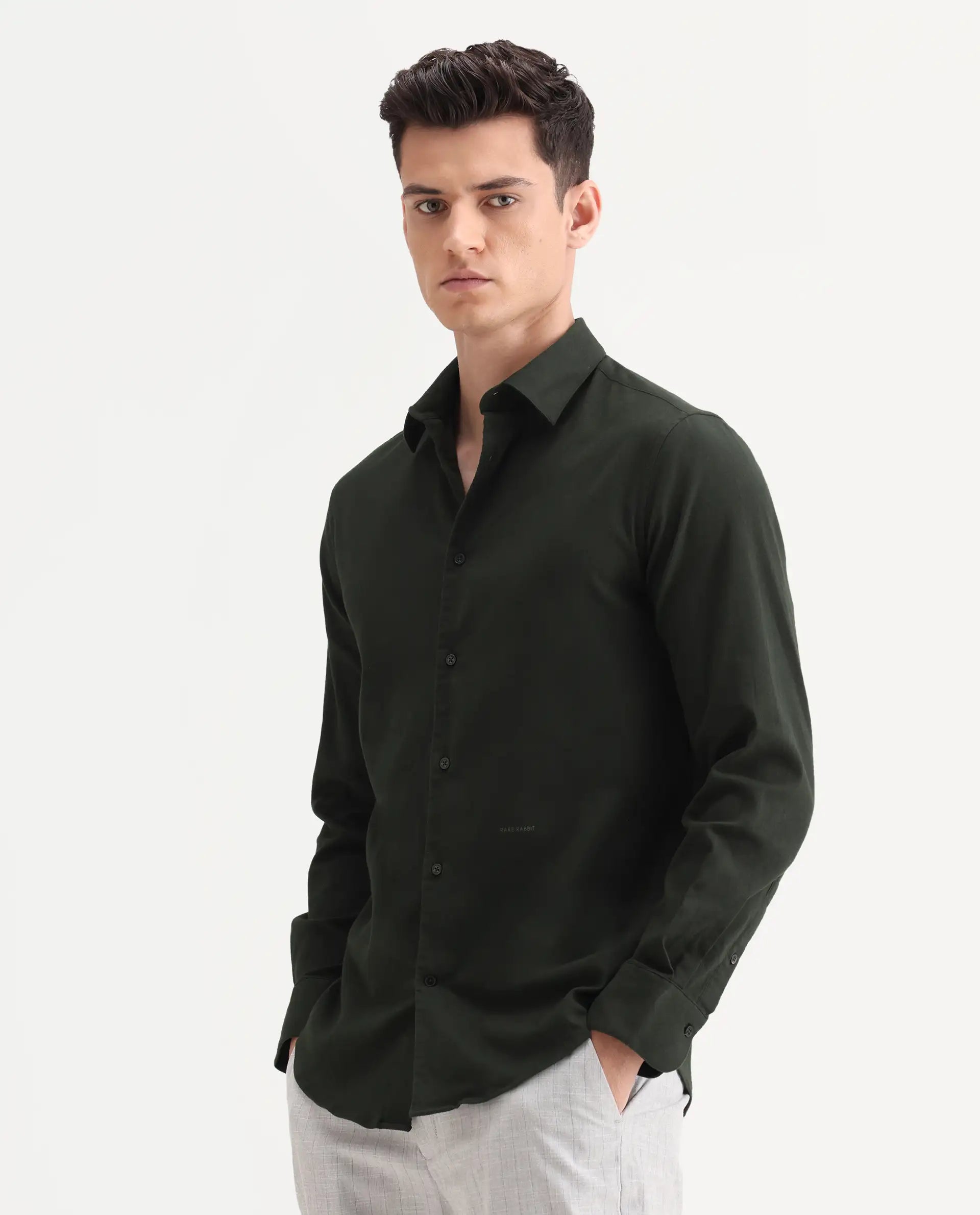 Rare Rabbit Men's Bicton Dark Green Cotton Plain Regular Fit Full Sleeve Collared Shirt