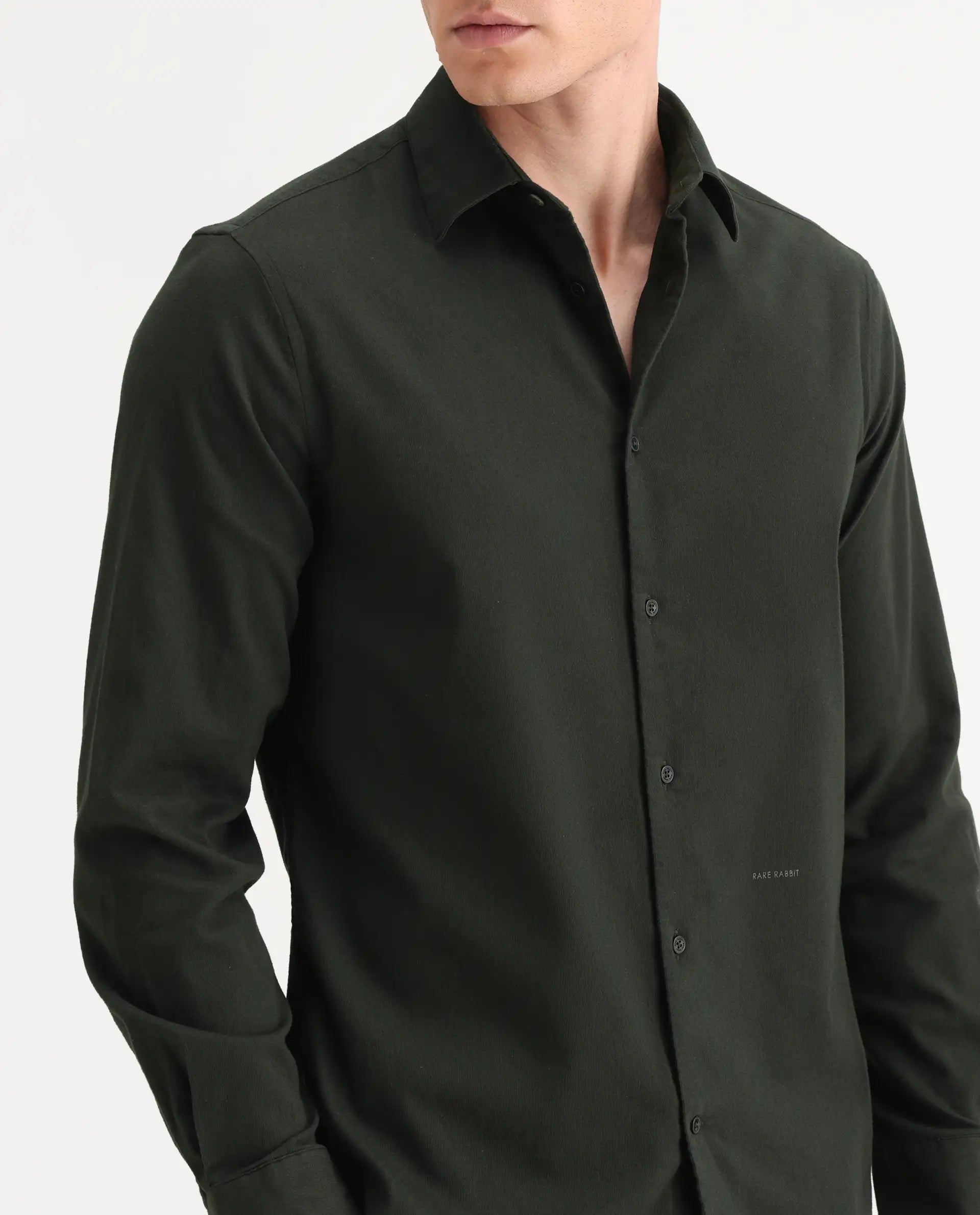 Rare Rabbit Men's Bicton Dark Green Cotton Plain Regular Fit Full Sleeve Collared Shirt