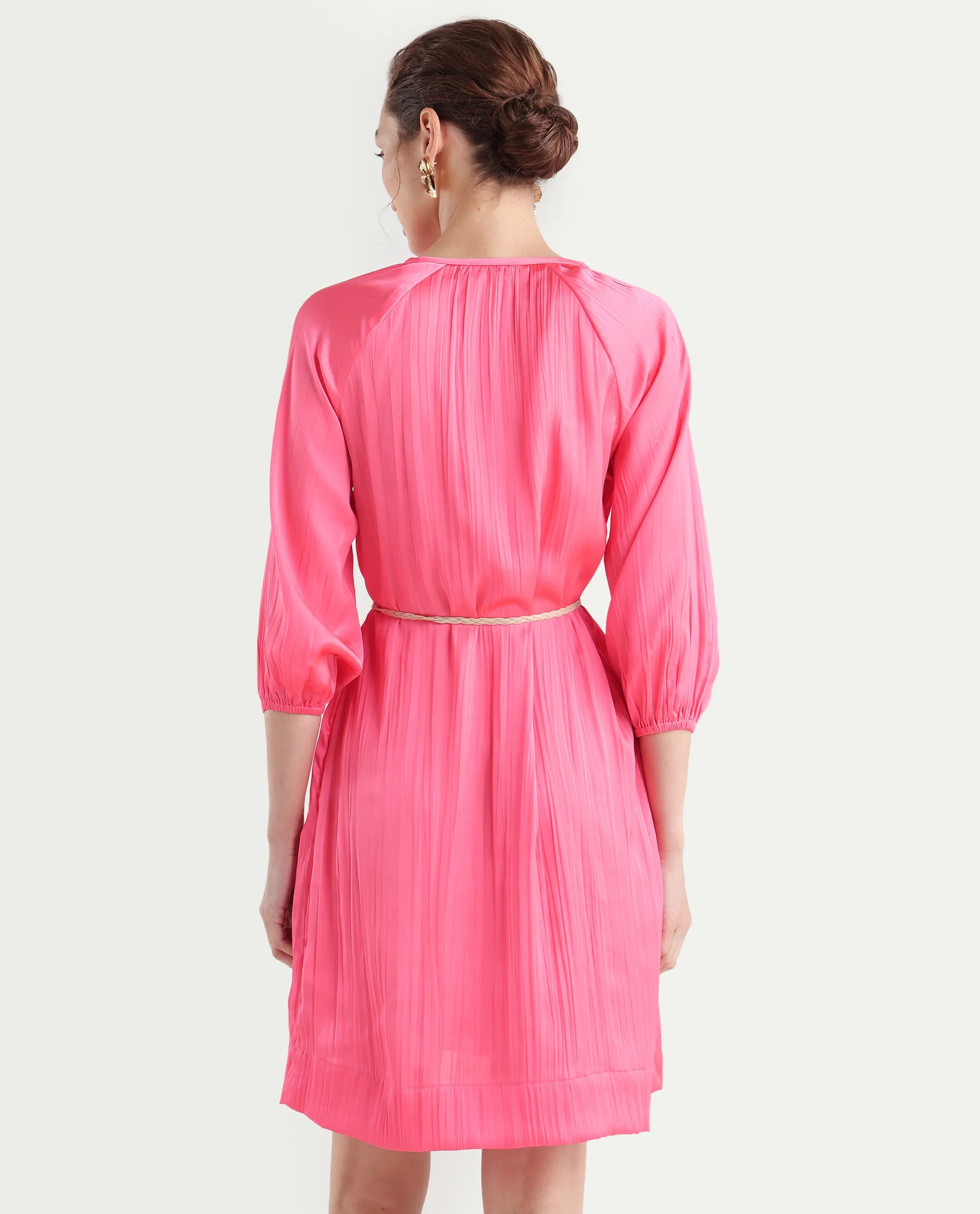 Rareism Women's Biere Flouroscent Pink Polyester Tie-Up Neck Plain Raglan Sleeve Mini Relaxed Fit Dress