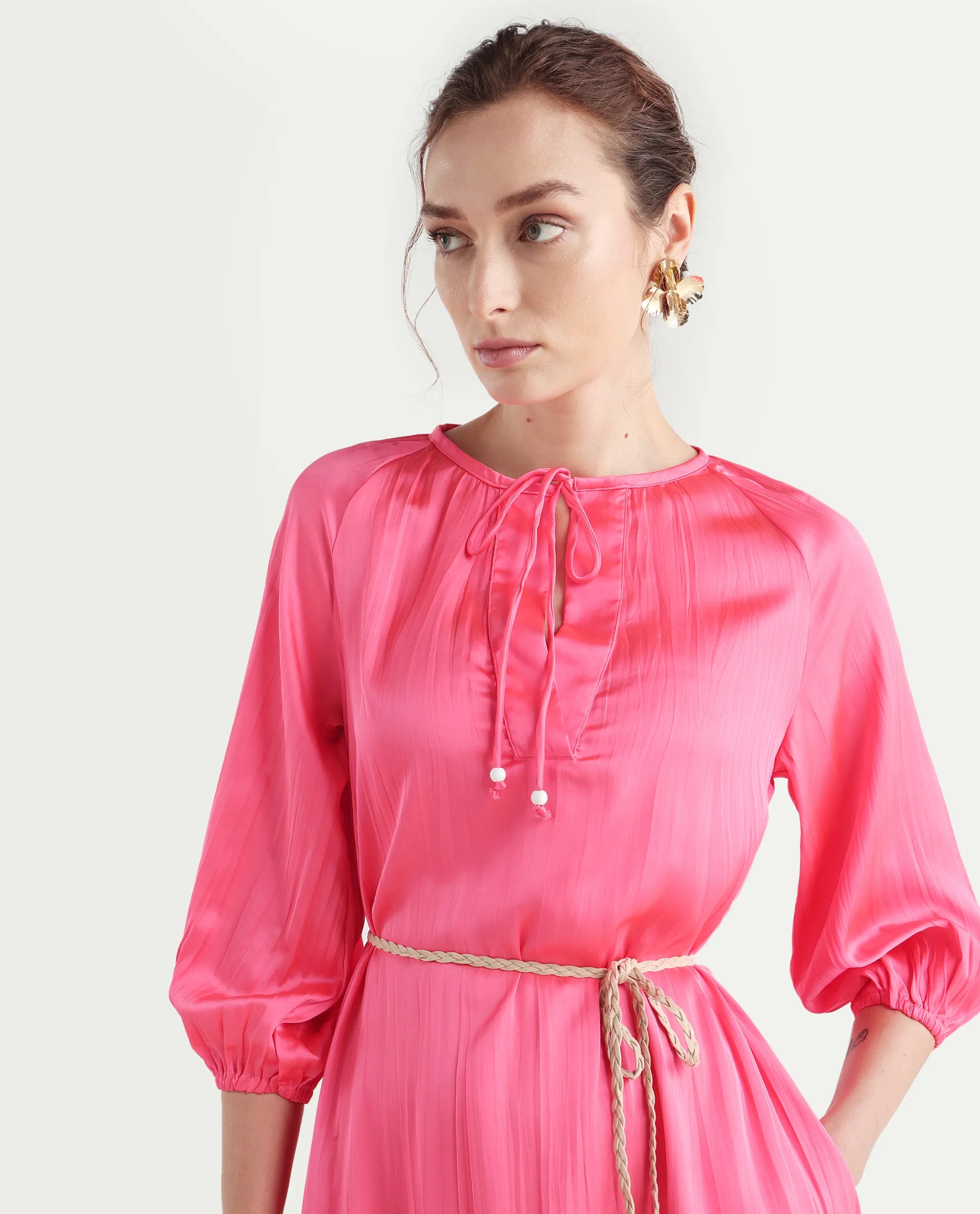 Rareism Women's Biere Flouroscent Pink Polyester Tie-Up Neck Plain Raglan Sleeve Mini Relaxed Fit Dress
