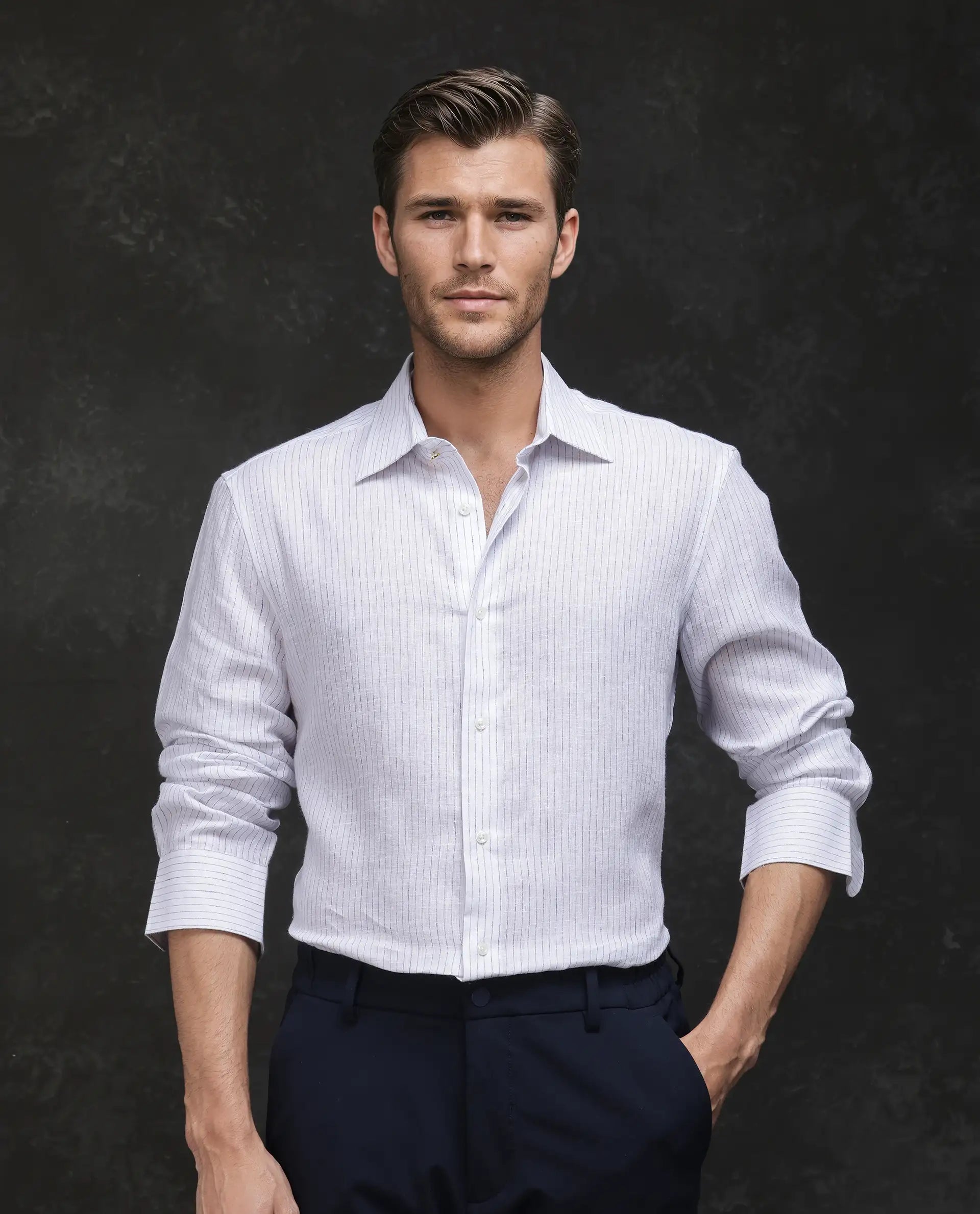 Rare Rabbit Men's Binc Blue Linen Blend Fabric Full Sleeve Spread Collar Regular Fit Striped Shirt