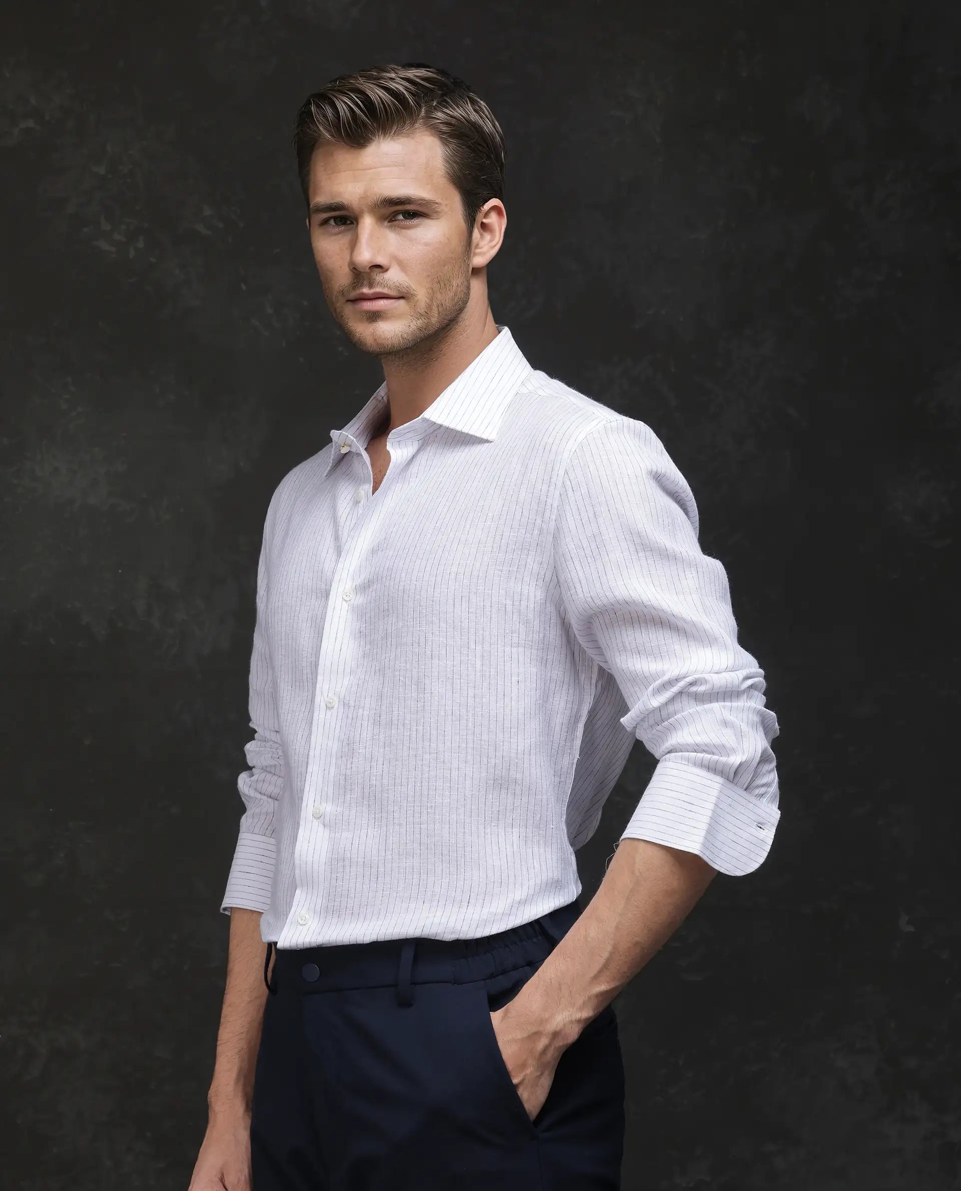 Rare Rabbit Men's Binc Blue Linen Blend Fabric Full Sleeve Spread Collar Regular Fit Striped Shirt