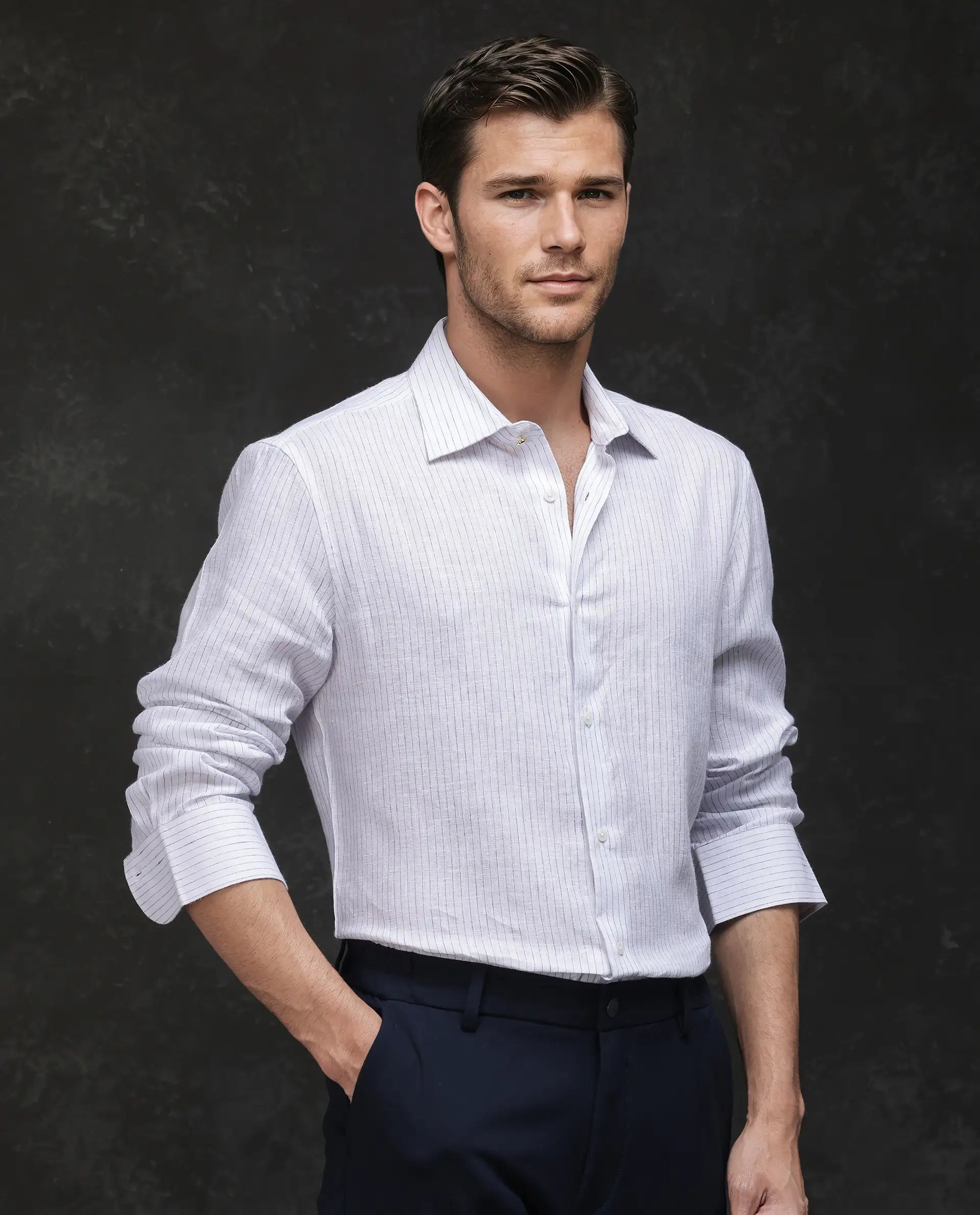 Rare Rabbit Men's Binc Blue Linen Blend Fabric Full Sleeve Spread Collar Regular Fit Striped Shirt