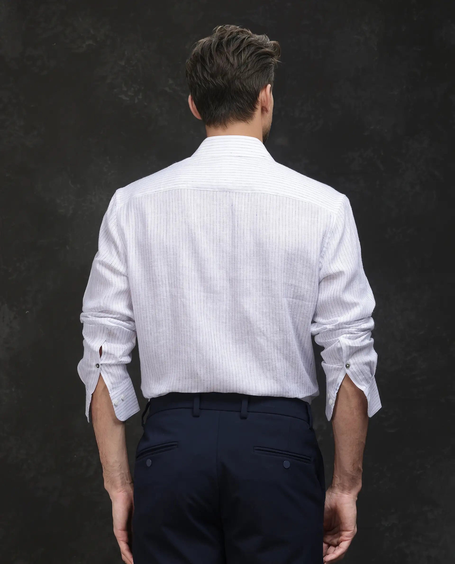 Rare Rabbit Men's Binc Blue Linen Blend Fabric Full Sleeve Spread Collar Regular Fit Striped Shirt