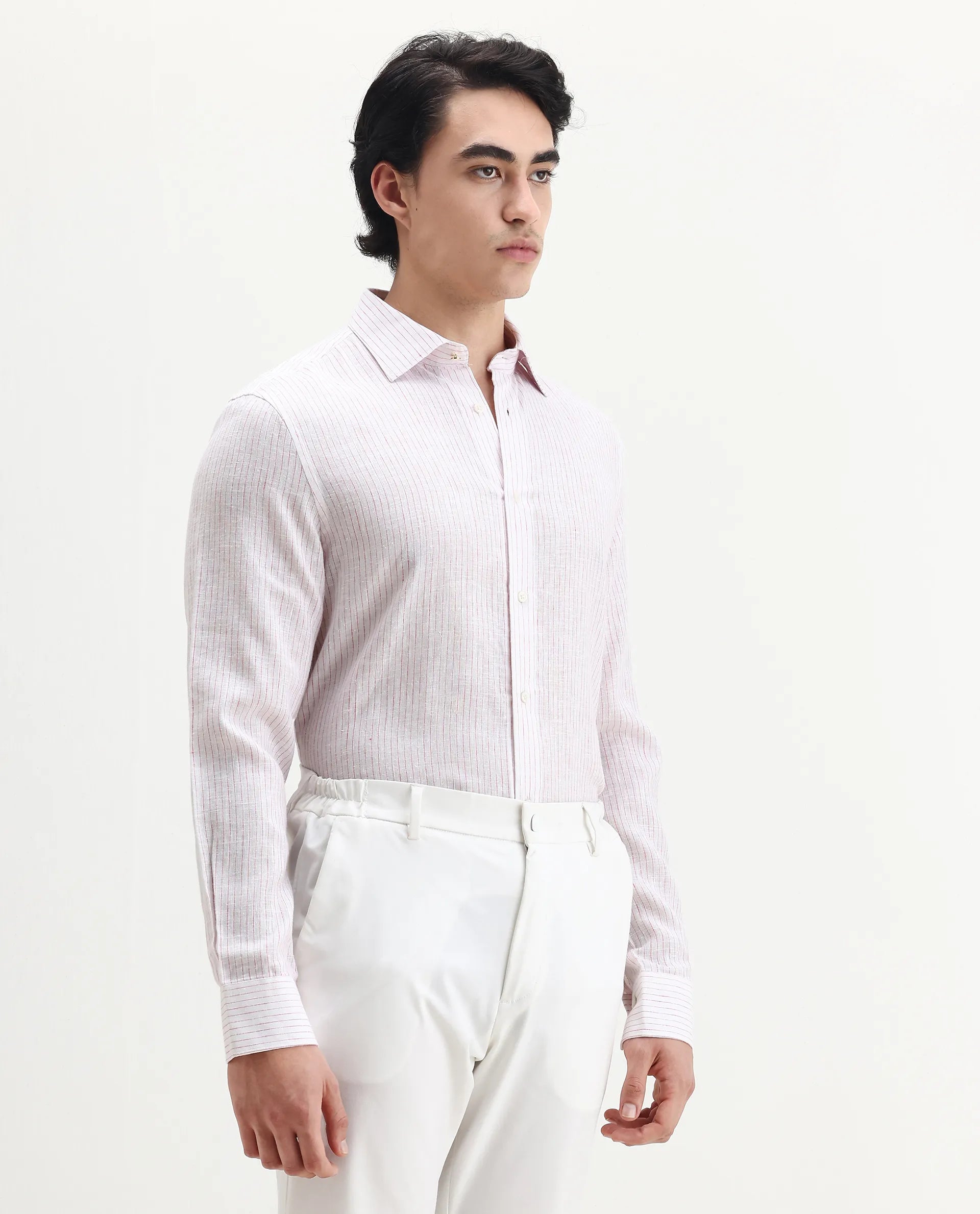 Rare Rabbit Men's Binc Pink Linen Blend Fabric Full Sleeve Spread Collar Regular Fit Striped Shirt
