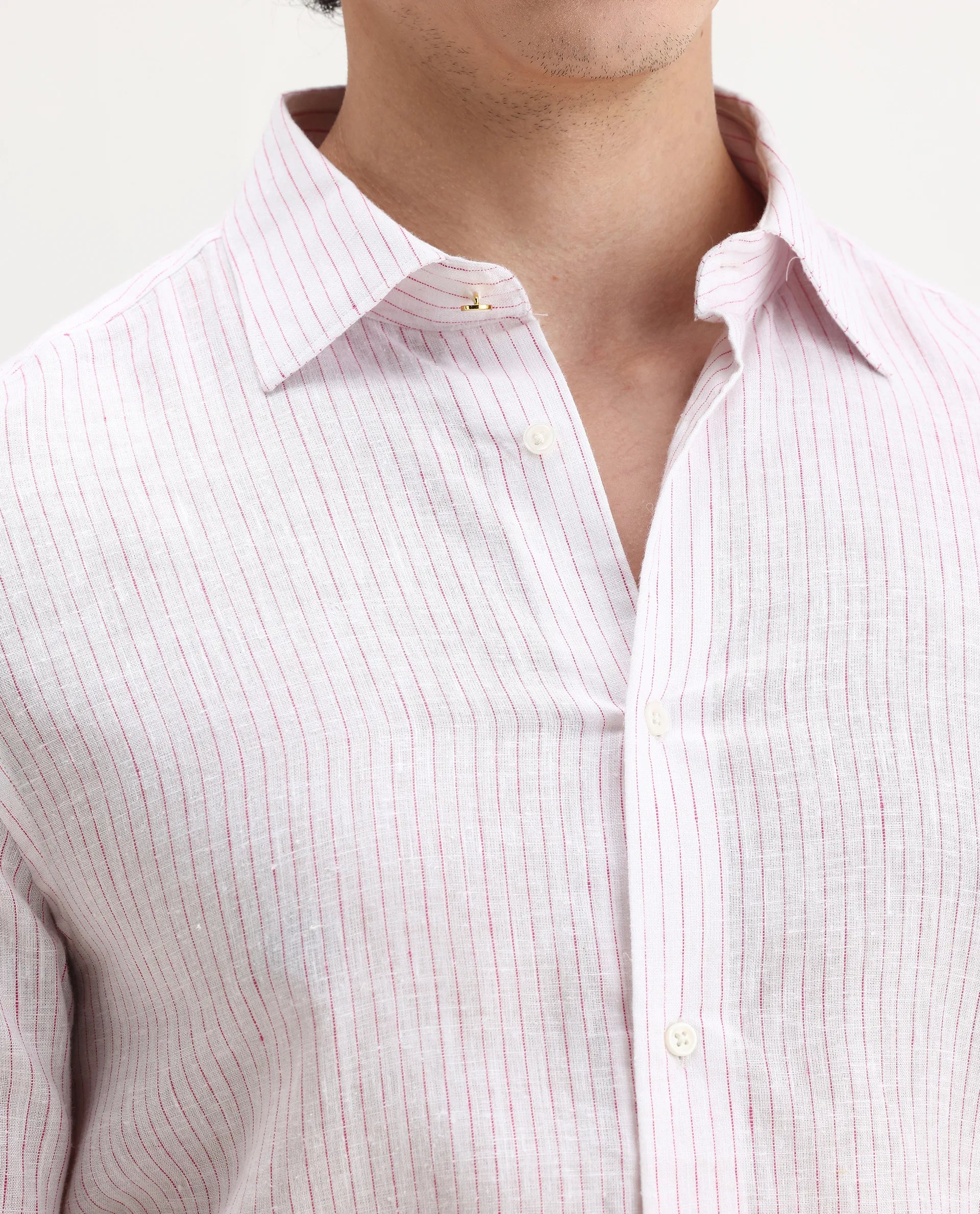 Rare Rabbit Men's Binc Pink Linen Blend Fabric Full Sleeve Spread Collar Regular Fit Striped Shirt