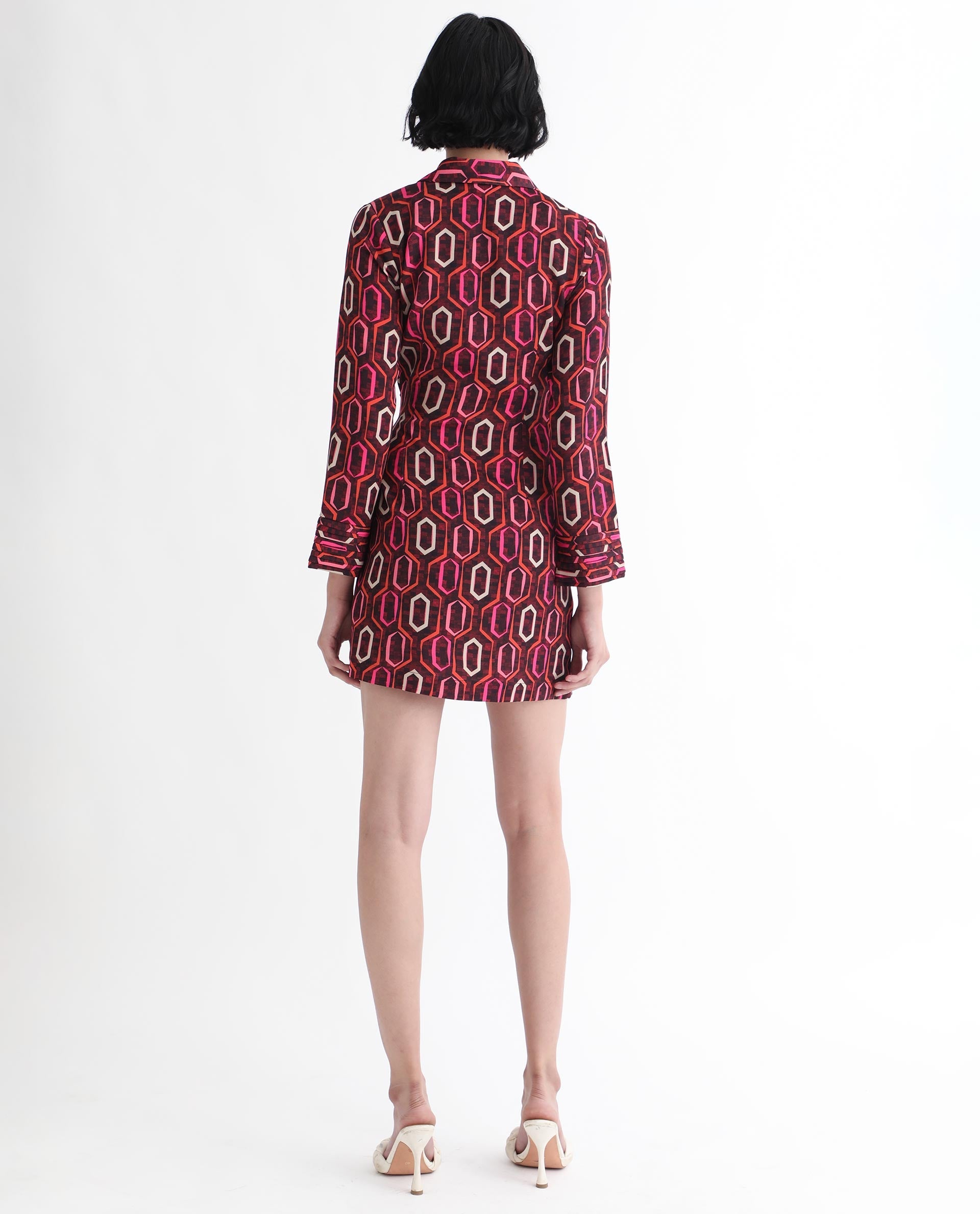 Rareism Women Binden Dark Brown Polyester Fabric 3/4Th Sleeves Tie-Up Closure Lapel Neck Cuffed Sleeve Relaxed Fit Geometric Print Short Wrap Dress