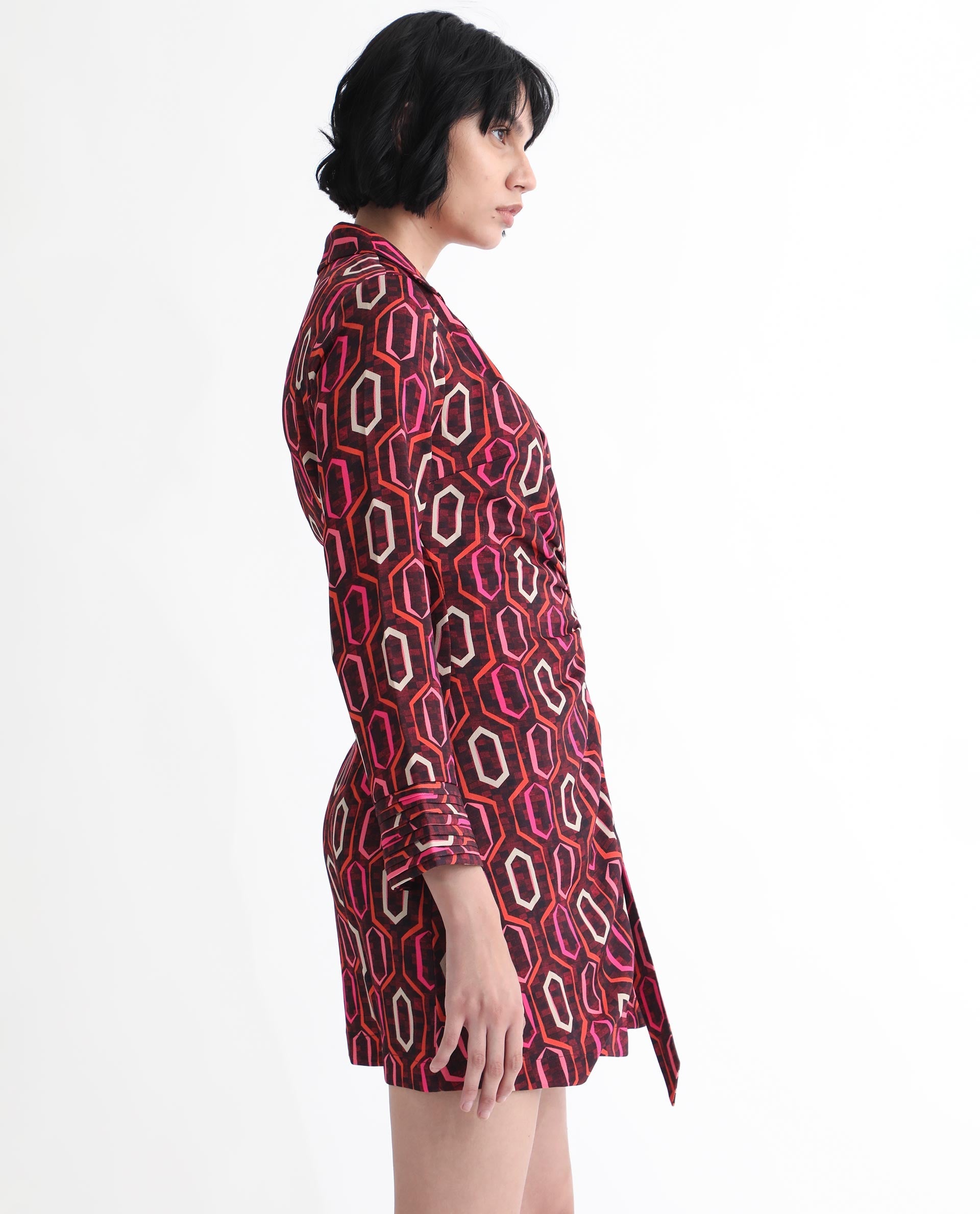 Rareism Women Binden Dark Brown Polyester Fabric 3/4Th Sleeves Tie-Up Closure Lapel Neck Cuffed Sleeve Relaxed Fit Geometric Print Short Wrap Dress