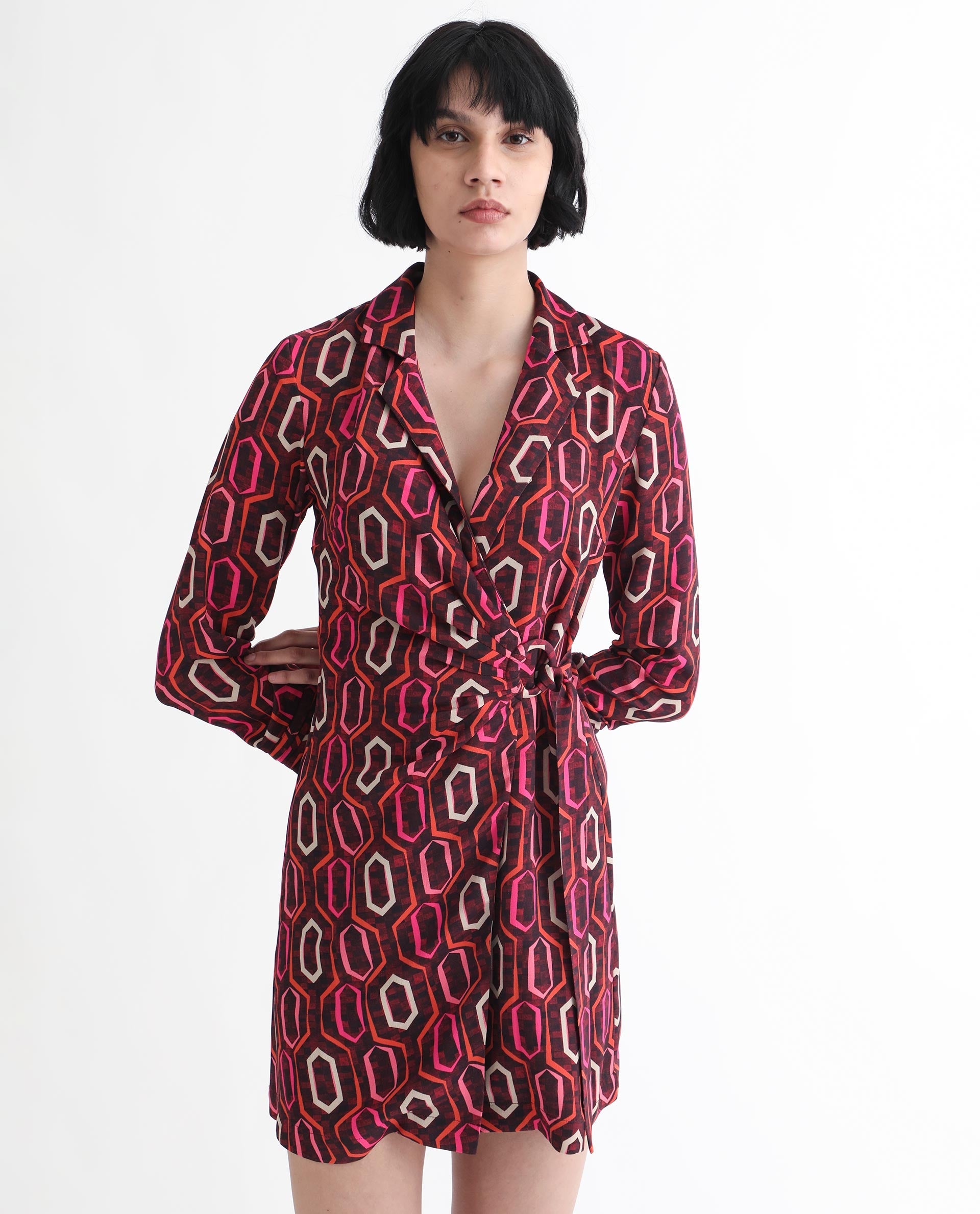 Rareism Women Binden Dark Brown Polyester Fabric 3/4Th Sleeves Tie-Up Closure Lapel Neck Cuffed Sleeve Relaxed Fit Geometric Print Short Wrap Dress