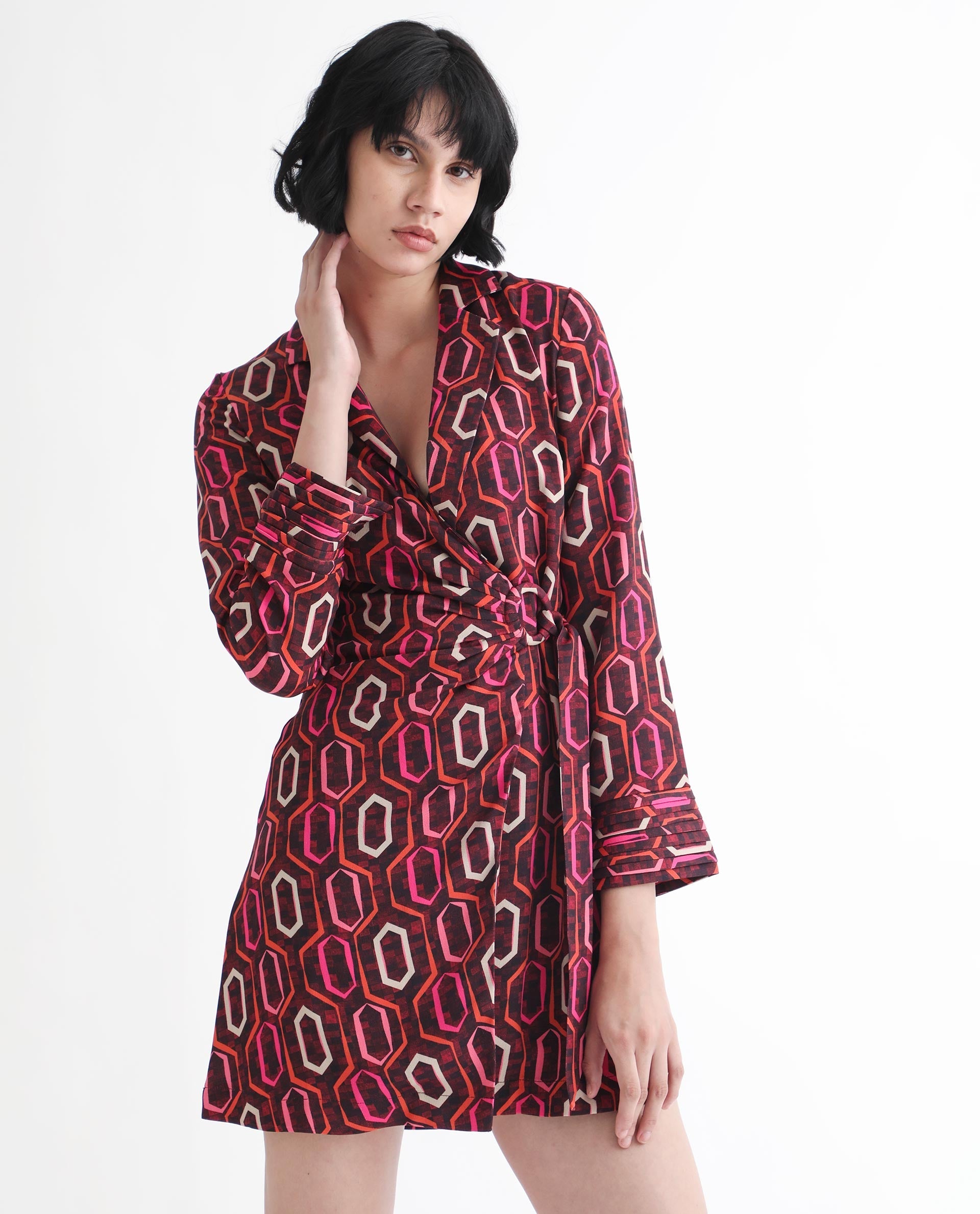 Rareism Women Binden Dark Brown Polyester Fabric 3/4Th Sleeves Tie-Up Closure Lapel Neck Cuffed Sleeve Relaxed Fit Geometric Print Short Wrap Dress