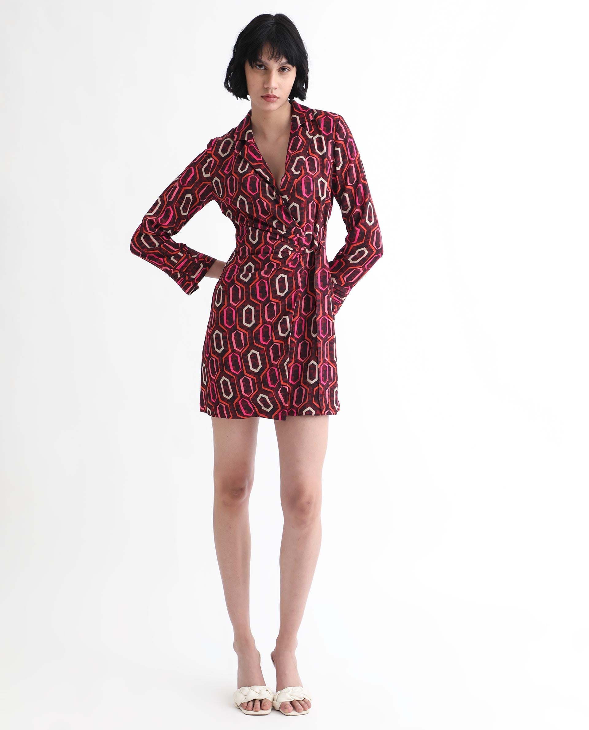 Rareism Women Binden Dark Brown Polyester Fabric 3/4Th Sleeves Tie-Up Closure Lapel Neck Cuffed Sleeve Relaxed Fit Geometric Print Short Wrap Dress