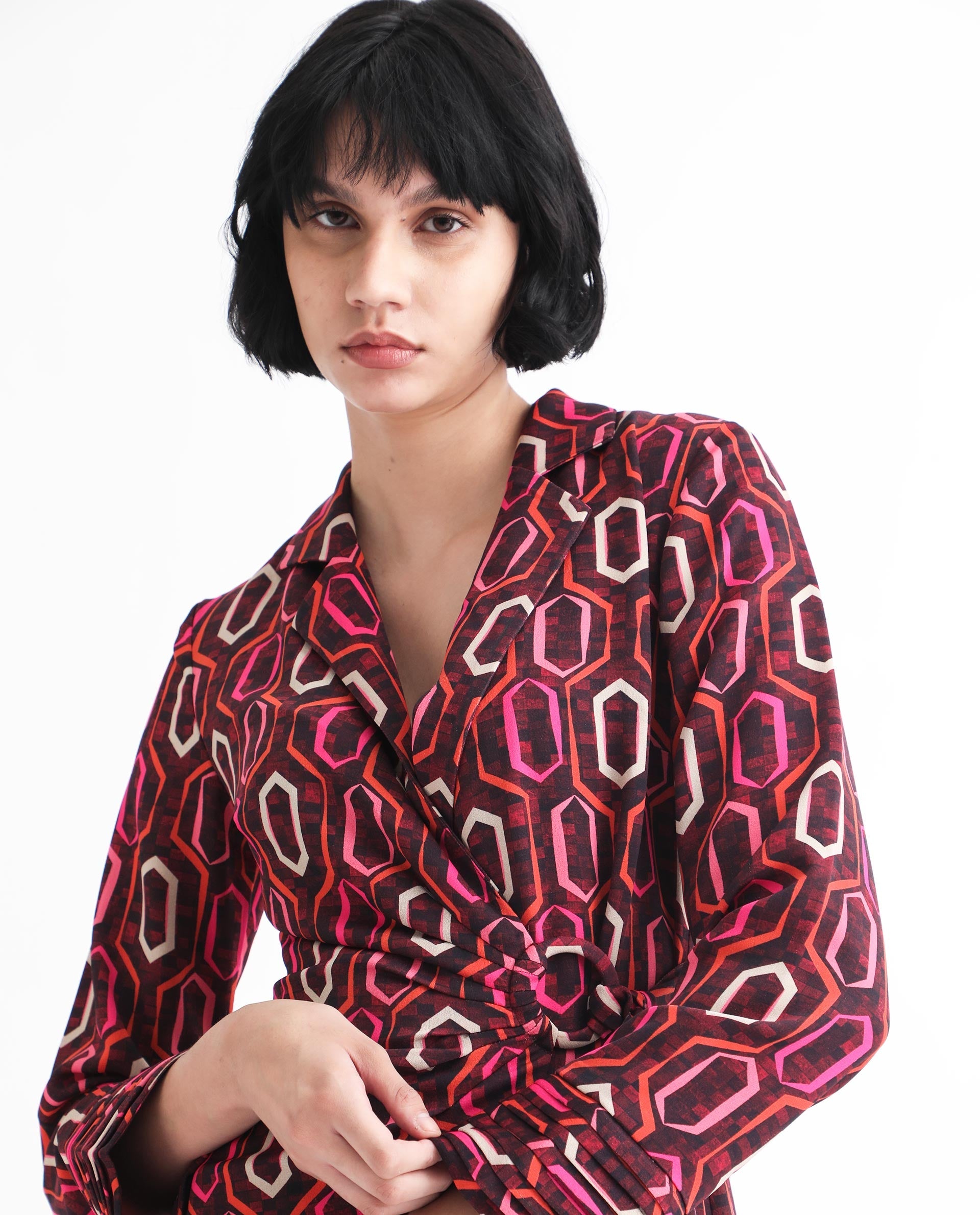 Rareism Women Binden Dark Brown Polyester Fabric 3/4Th Sleeves Tie-Up Closure Lapel Neck Cuffed Sleeve Relaxed Fit Geometric Print Short Wrap Dress