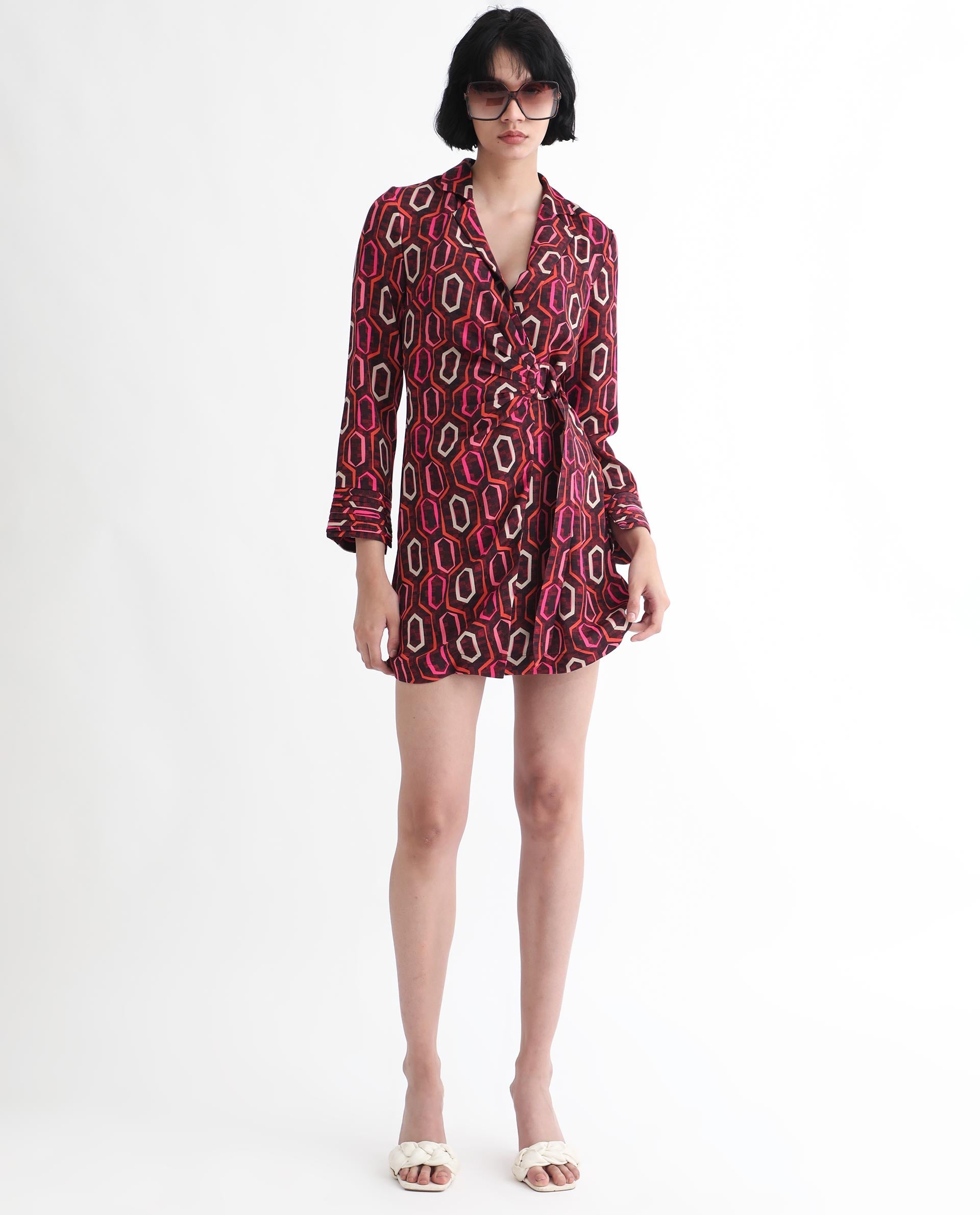 Rareism Women Binden Dark Brown Polyester Fabric 3/4Th Sleeves Tie-Up Closure Lapel Neck Cuffed Sleeve Relaxed Fit Geometric Print Short Wrap Dress