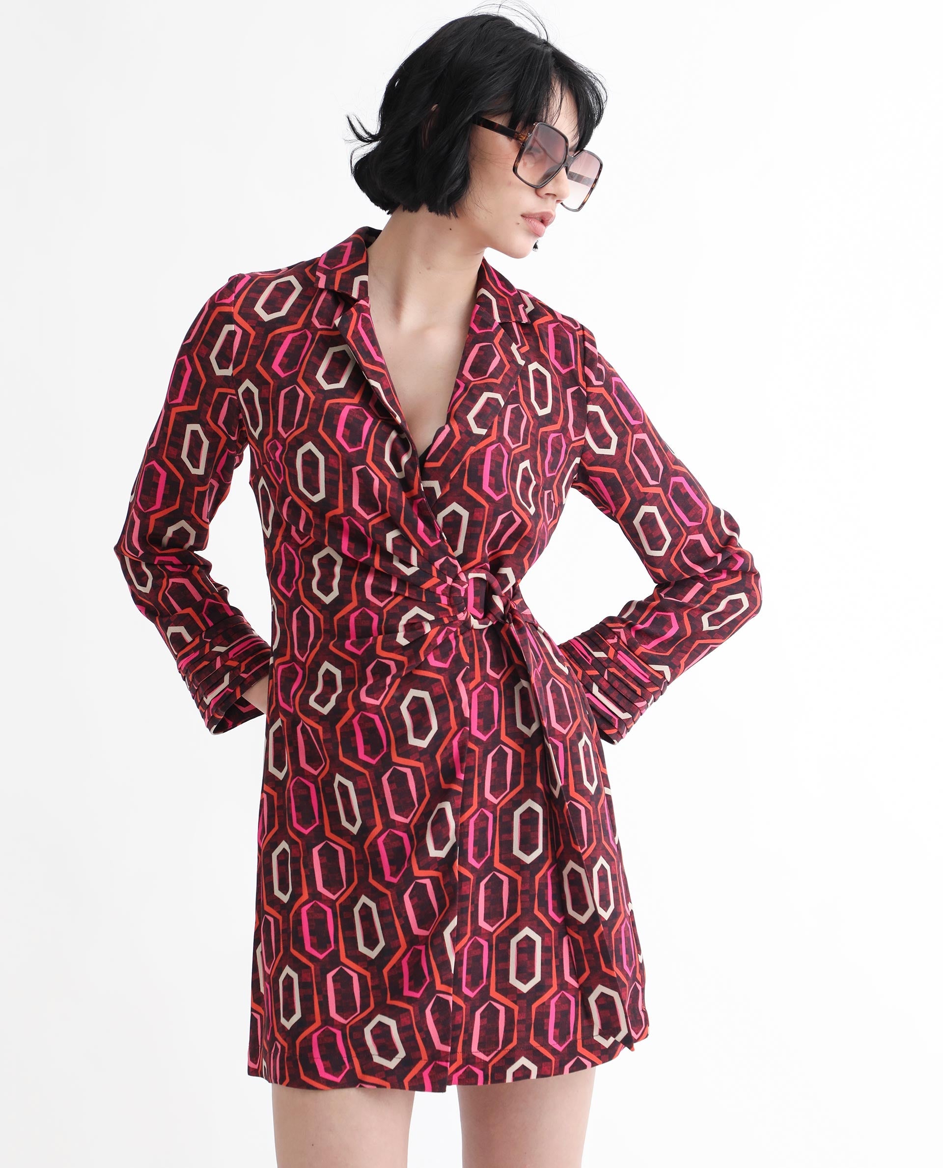 Rareism Women Binden Dark Brown Polyester Fabric 3/4Th Sleeves Tie-Up Closure Lapel Neck Cuffed Sleeve Relaxed Fit Geometric Print Short Wrap Dress