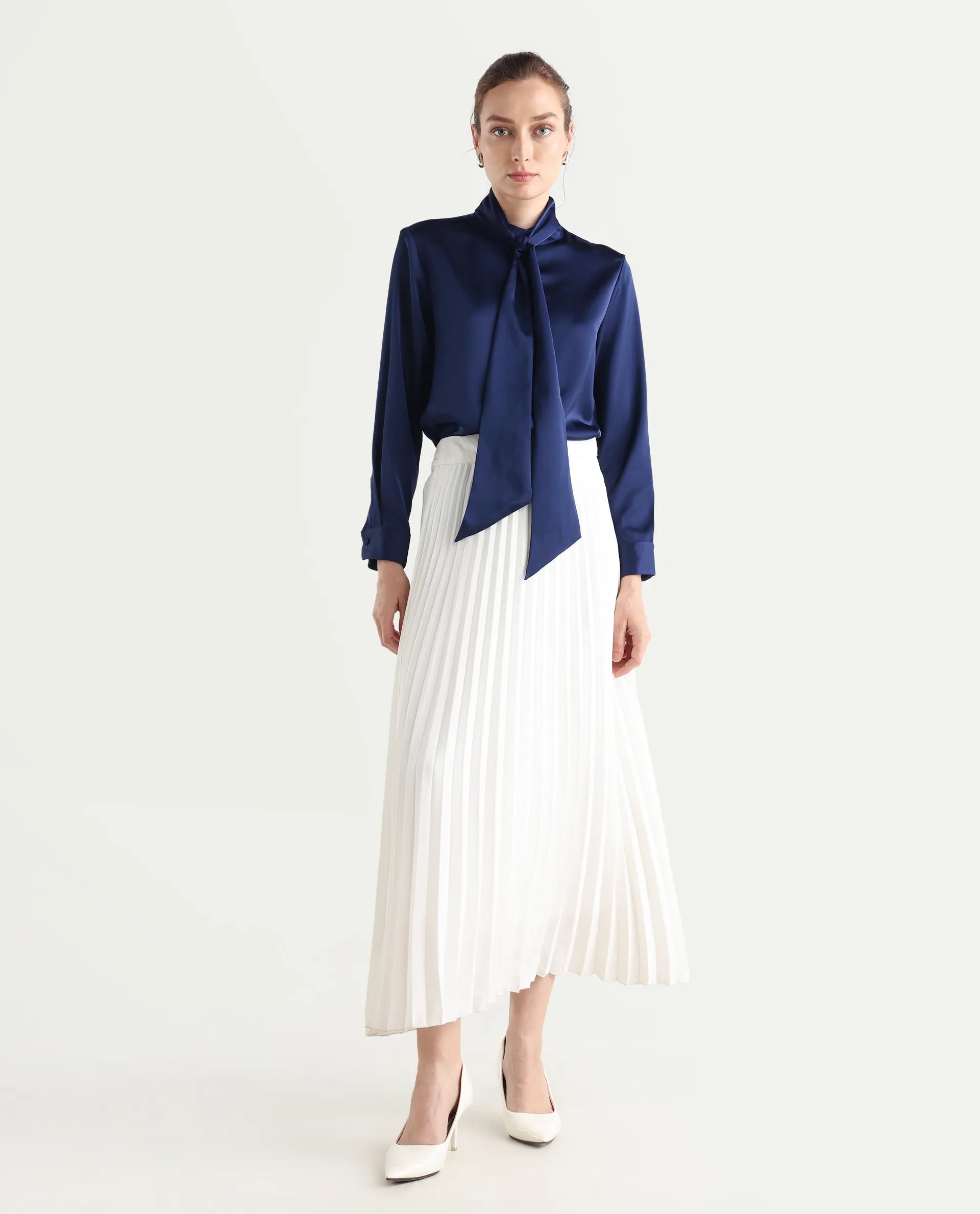 Rareism Women's Bingol Navy Polyester Mandarin Collar Plain Cuffed Sleeve Regular Fit Shirt