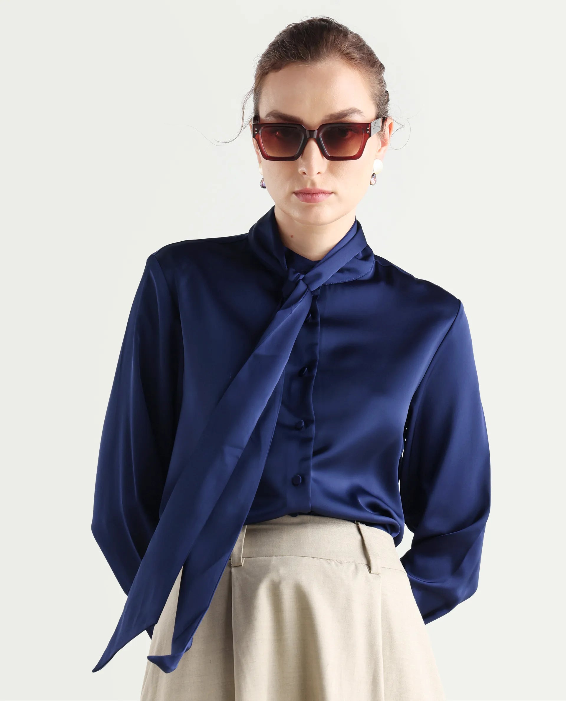 Rareism Women's Bingol Navy Polyester Mandarin Collar Plain Cuffed Sleeve Regular Fit Shirt