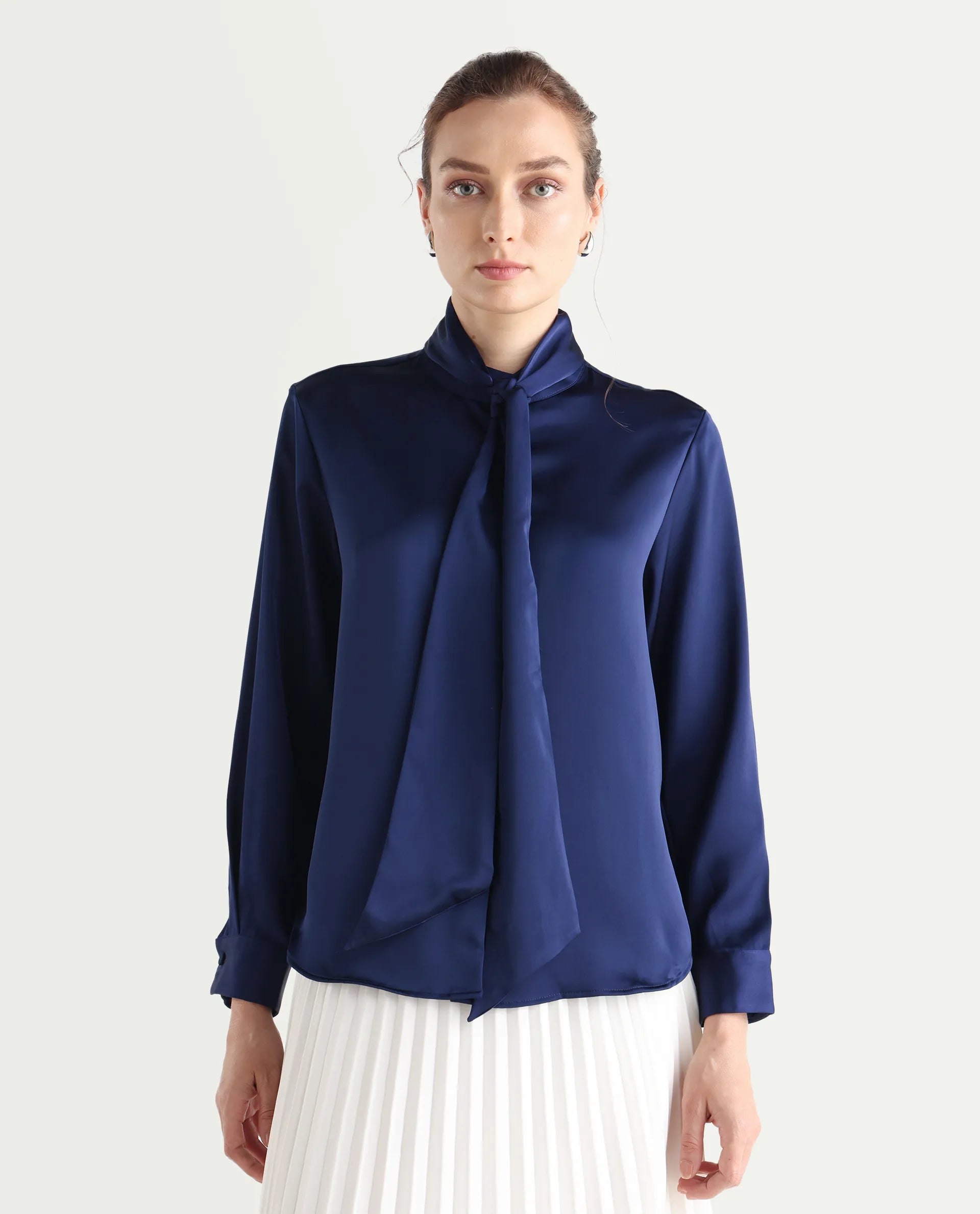 Rareism Women's Bingol Navy Polyester Mandarin Collar Plain Cuffed Sleeve Regular Fit Shirt