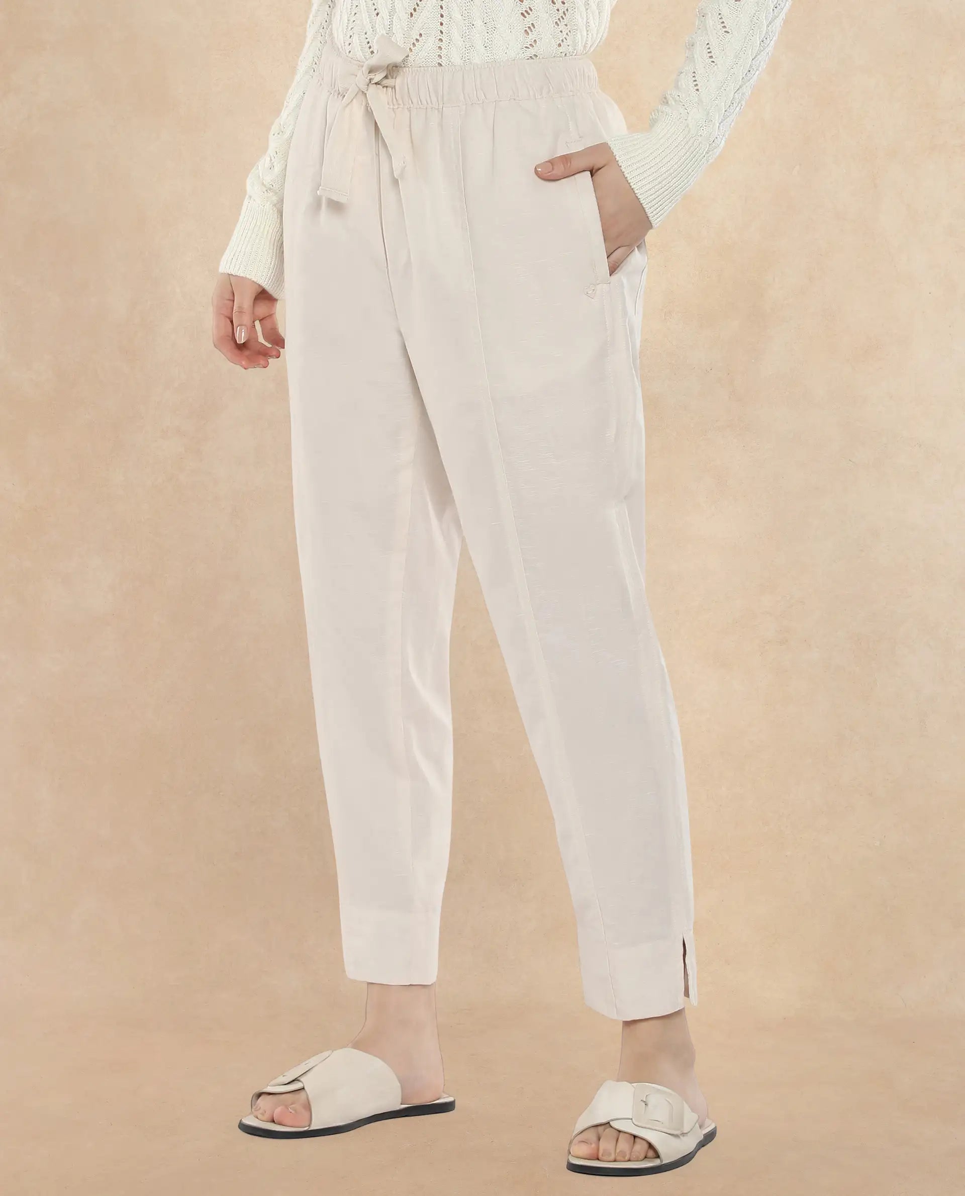 Rareism Women Bintono Off White Tapered Fit Plain Ankle Length Trouser