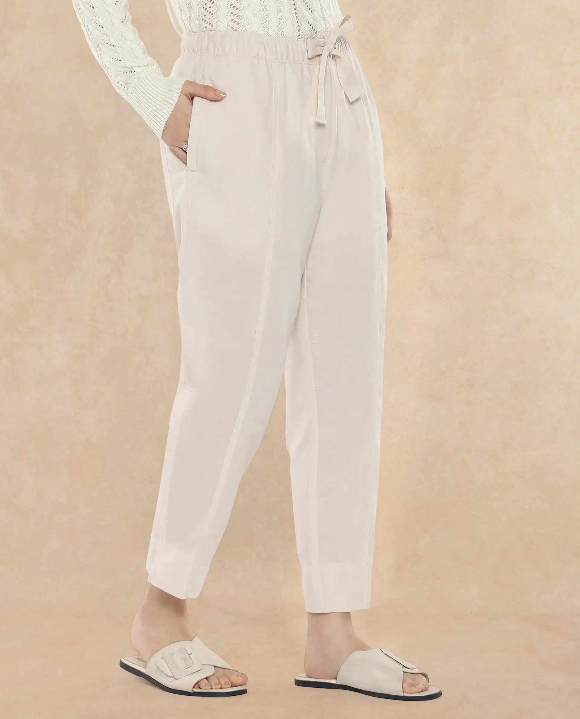 Rareism Women Bintono Off White Tapered Fit Plain Ankle Length Trouser