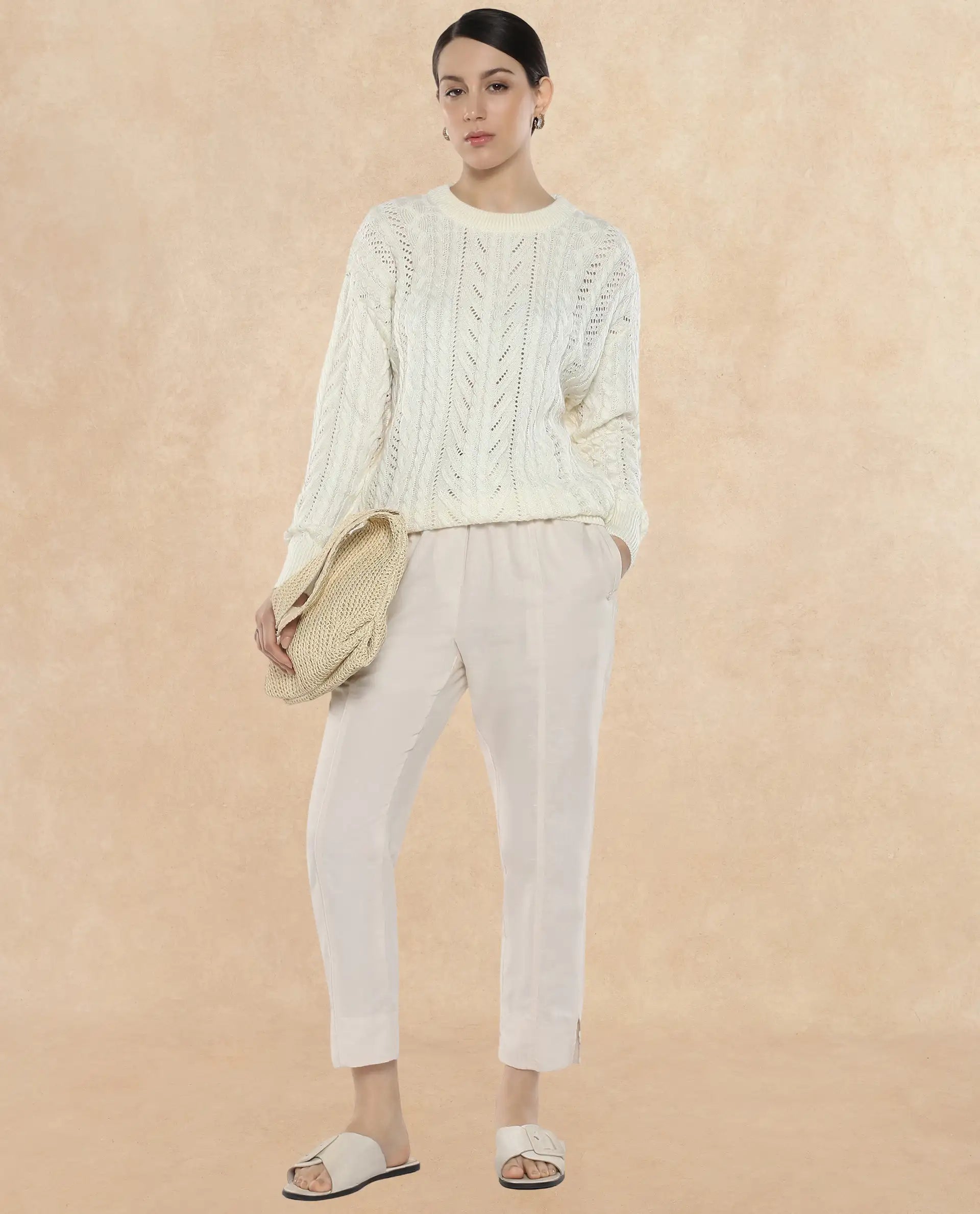 Rareism Women Bintono Off White Tapered Fit Plain Ankle Length Trouser