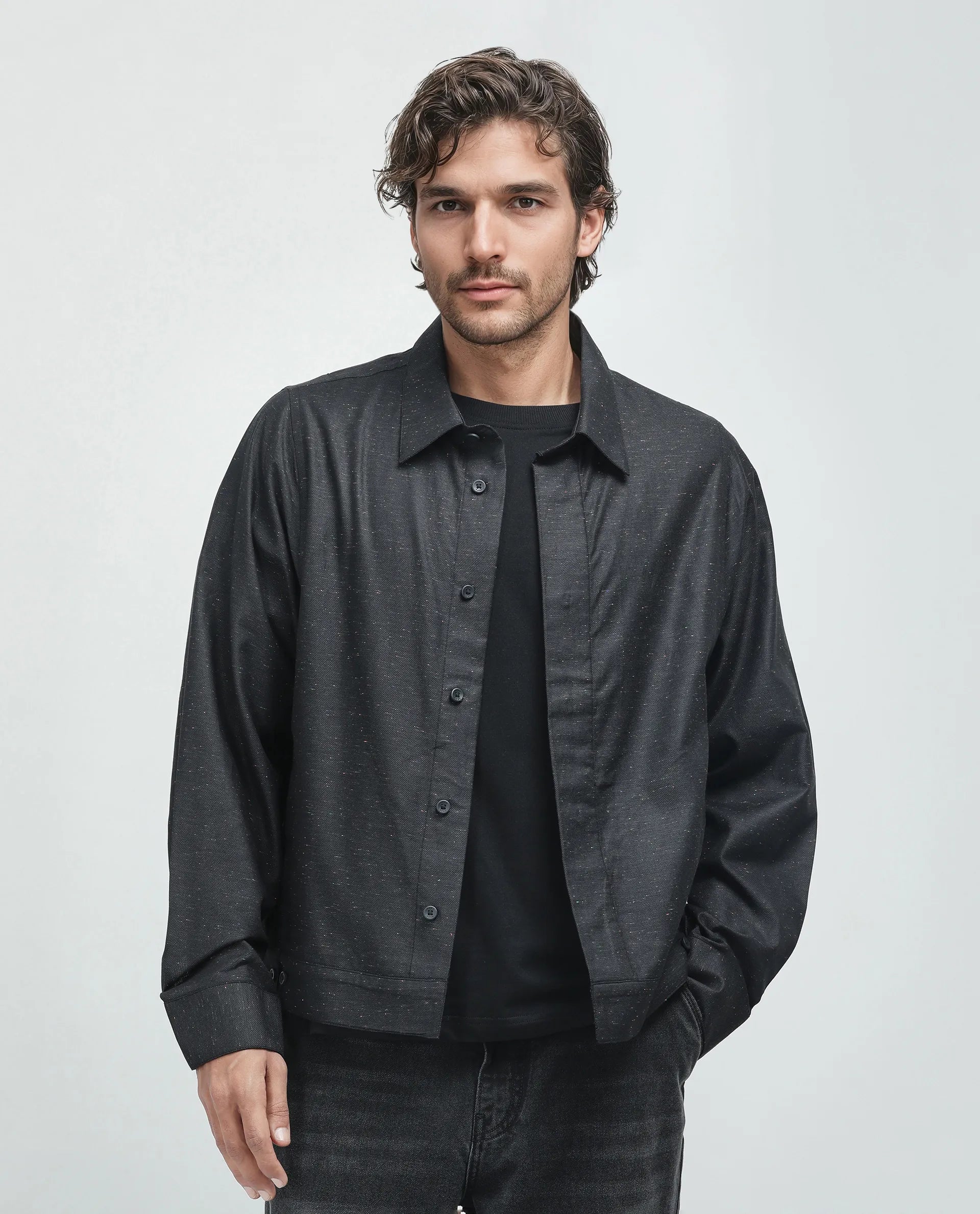 Rare Rabbit Men's Biot-S Black Cotton Blend Fabric Full Sleeve Collared Neck Plain Shacket