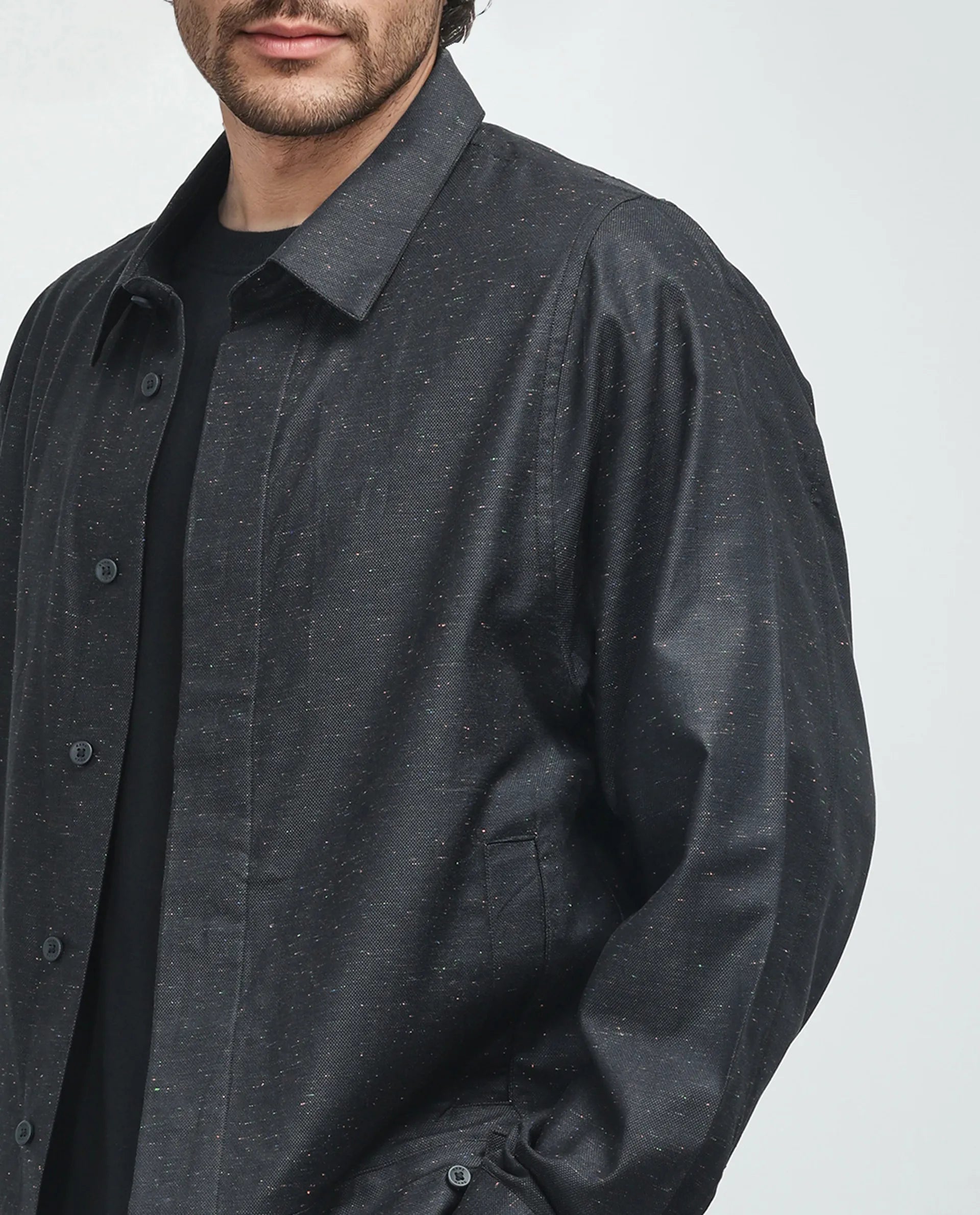 Rare Rabbit Men's Biot-S Black Cotton Blend Fabric Full Sleeve Collared Neck Plain Shacket