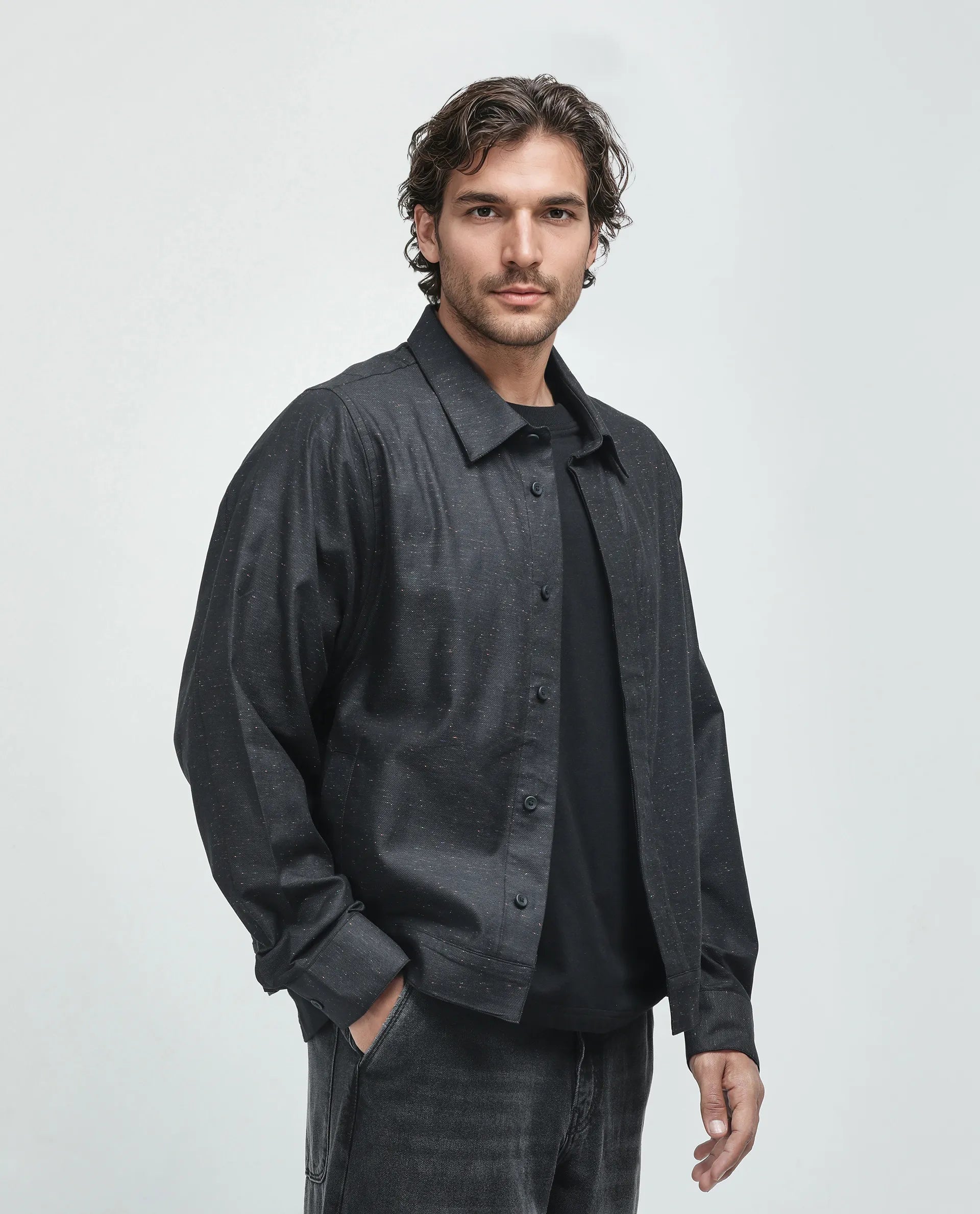 Rare Rabbit Men's Biot-S Black Cotton Blend Fabric Full Sleeve Collared Neck Plain Shacket