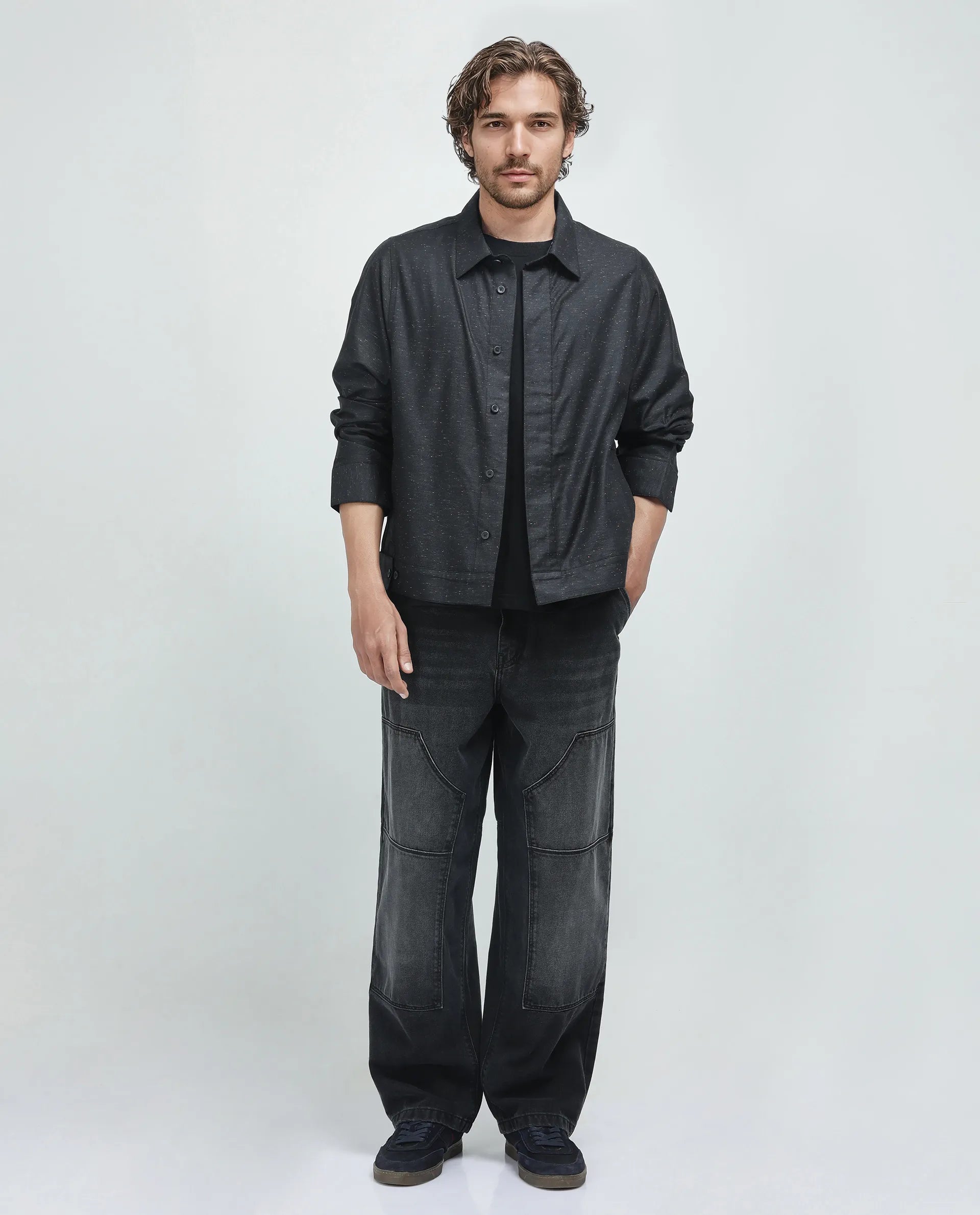 Rare Rabbit Men's Biot-S Black Cotton Blend Fabric Full Sleeve Collared Neck Plain Shacket