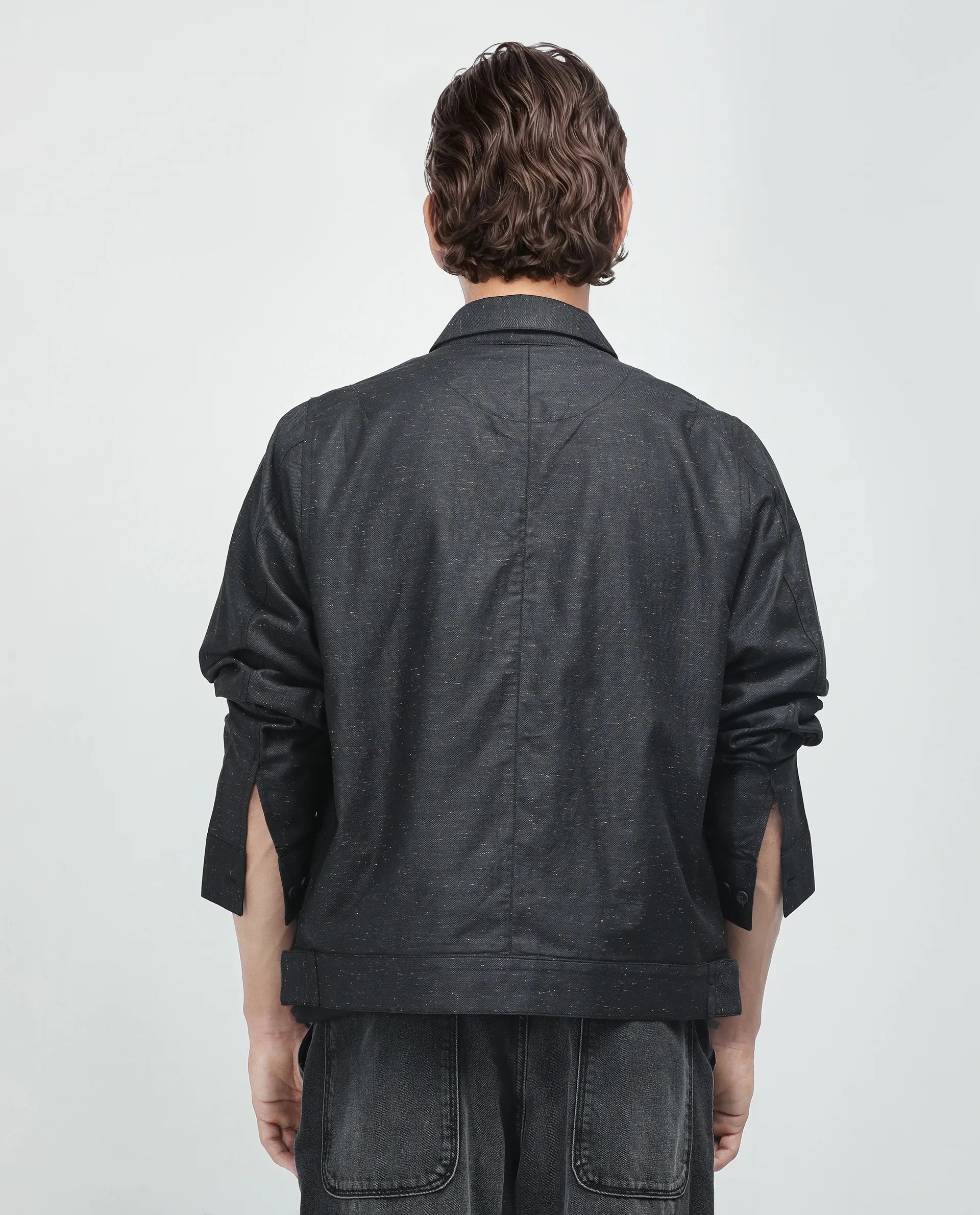 Rare Rabbit Men's Biot-S Black Cotton Blend Fabric Full Sleeve Collared Neck Plain Shacket