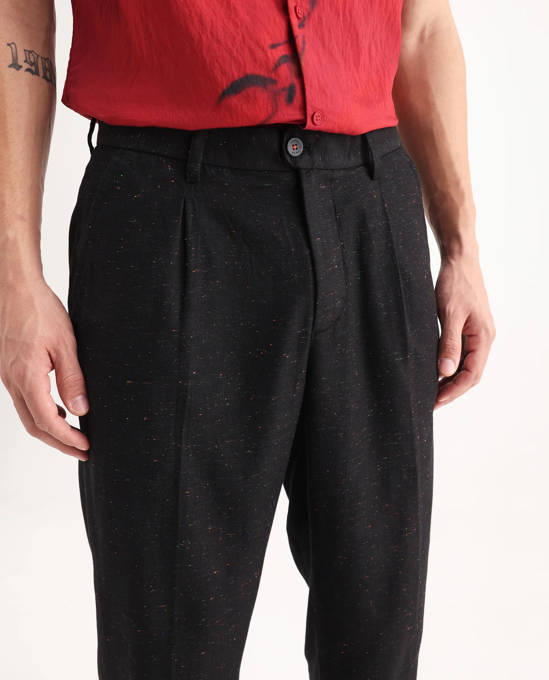 Rare Rabbit Men's Biot Black Cotton Blend Plain Relaxed Fit Trouser