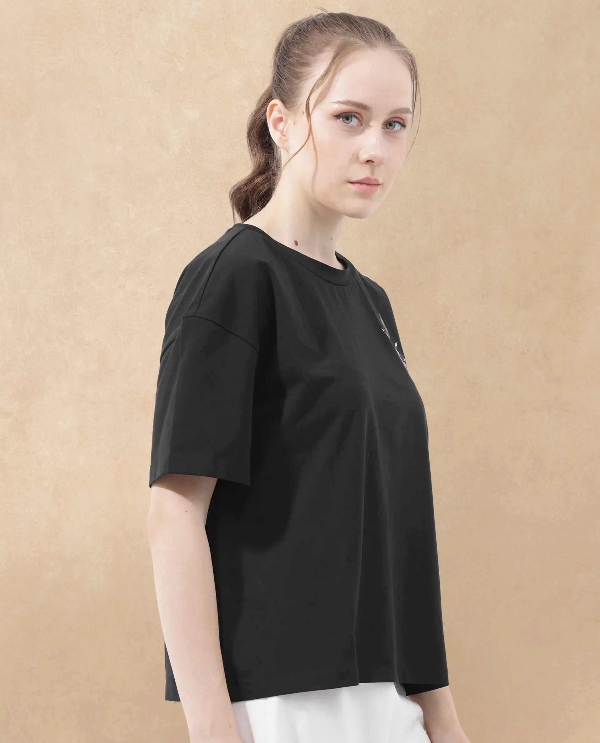 Rareism Women Birdy Black Cotton Elastane Fabric Crew Neck Knit Solid T-Shirt