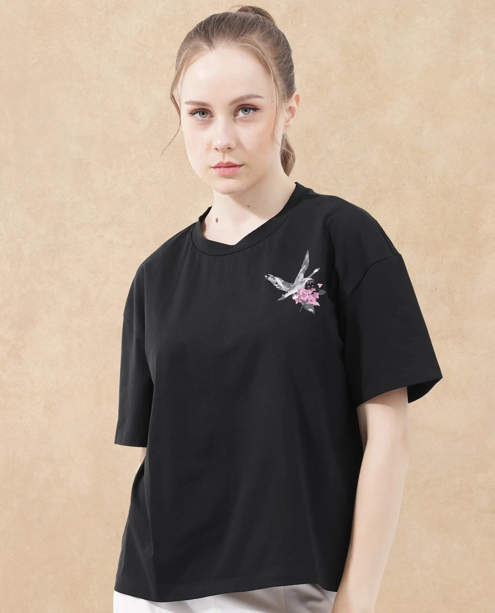 Rareism Women Birdy Black Cotton Elastane Fabric Crew Neck Knit Solid T-Shirt