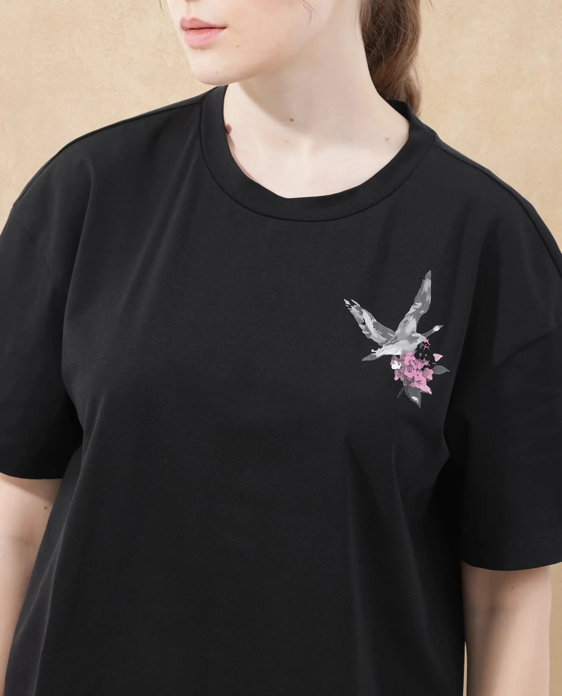 Rareism Women Birdy Black Cotton Elastane Fabric Crew Neck Knit Solid T-Shirt