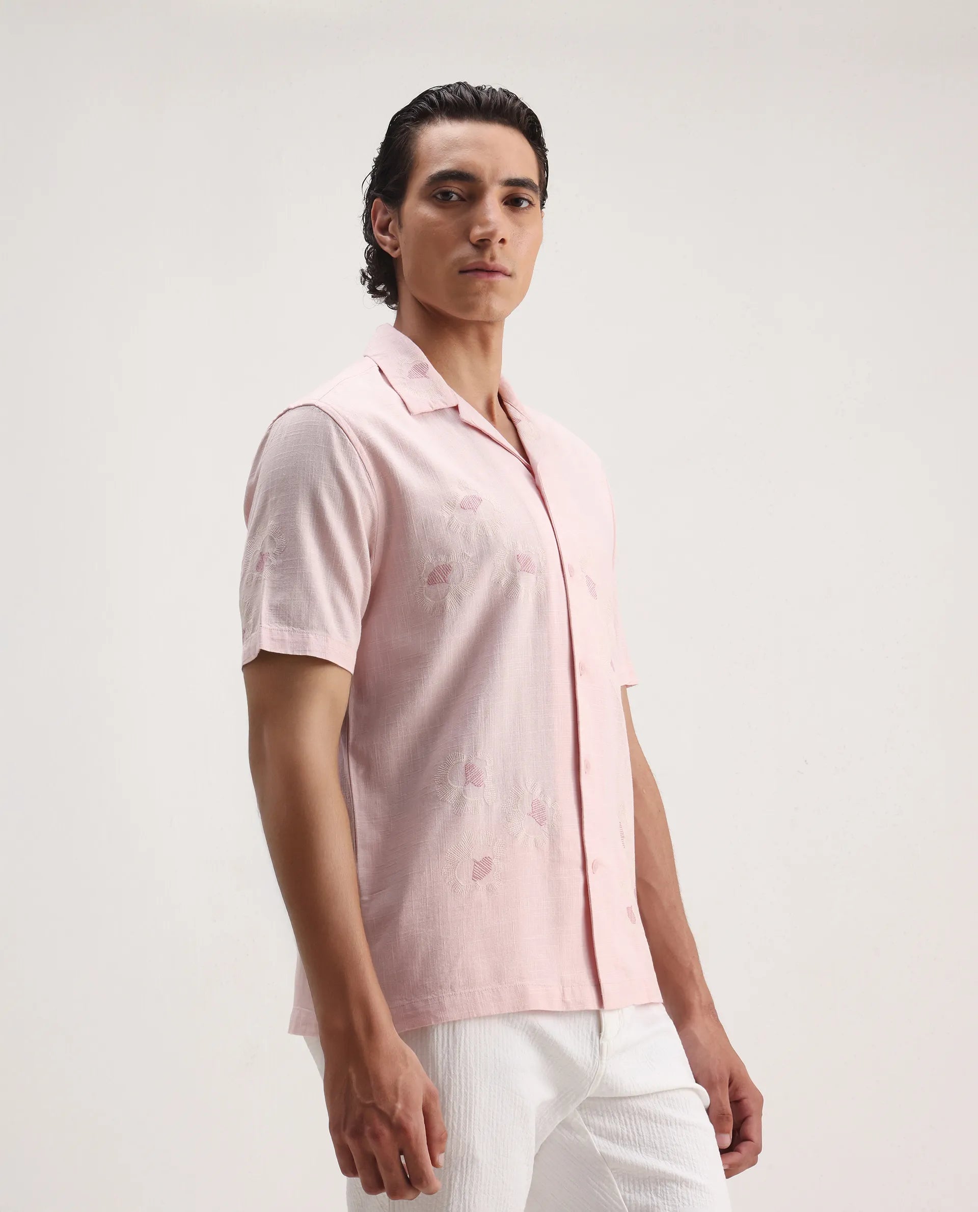 Rare Rabbit Men's Birk Pink Cotton Blend Embroidered Boxy Fit Half Sleeve Cuban Collar Shirt