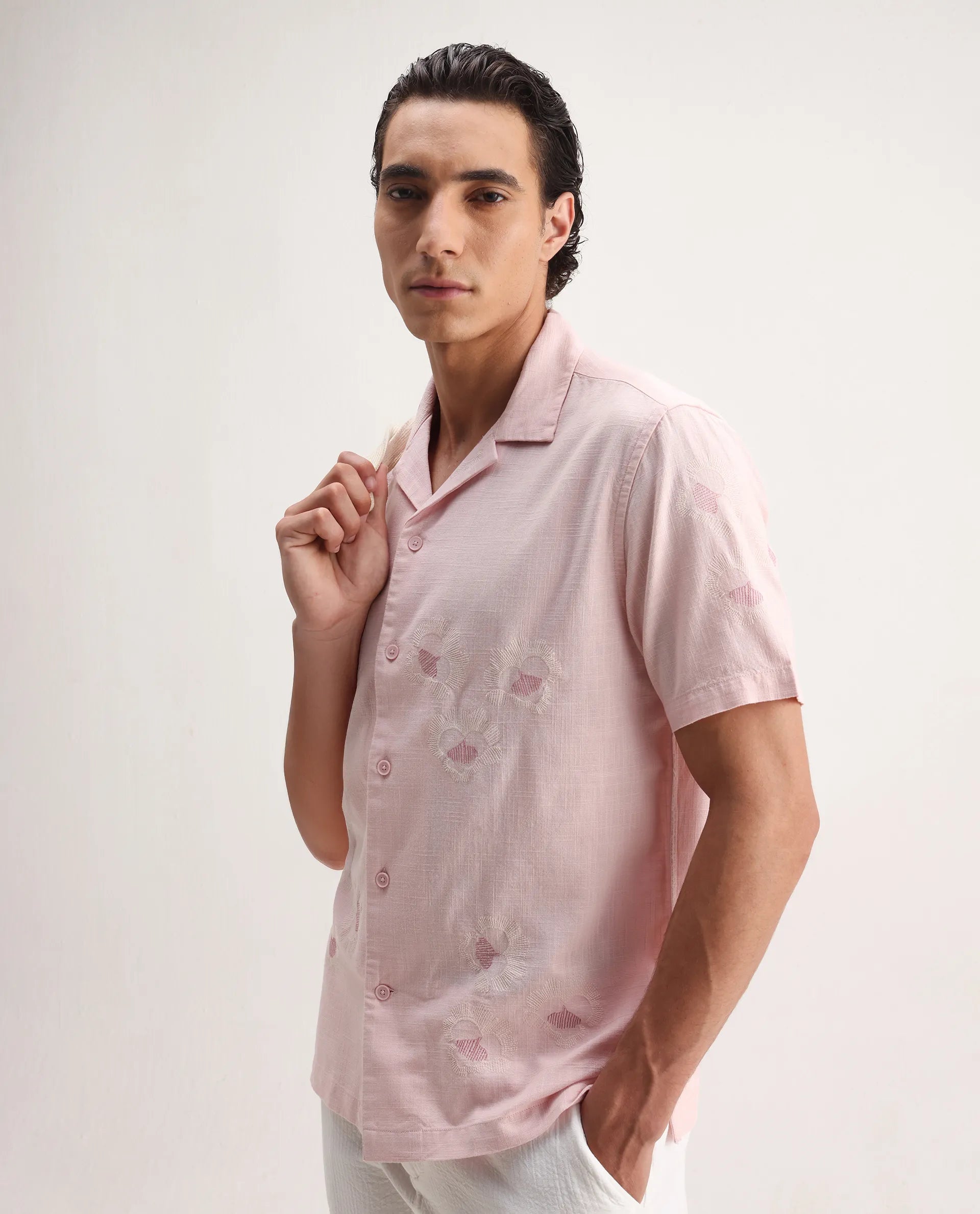 Rare Rabbit Men's Birk Pink Cotton Blend Embroidered Boxy Fit Half Sleeve Cuban Collar Shirt