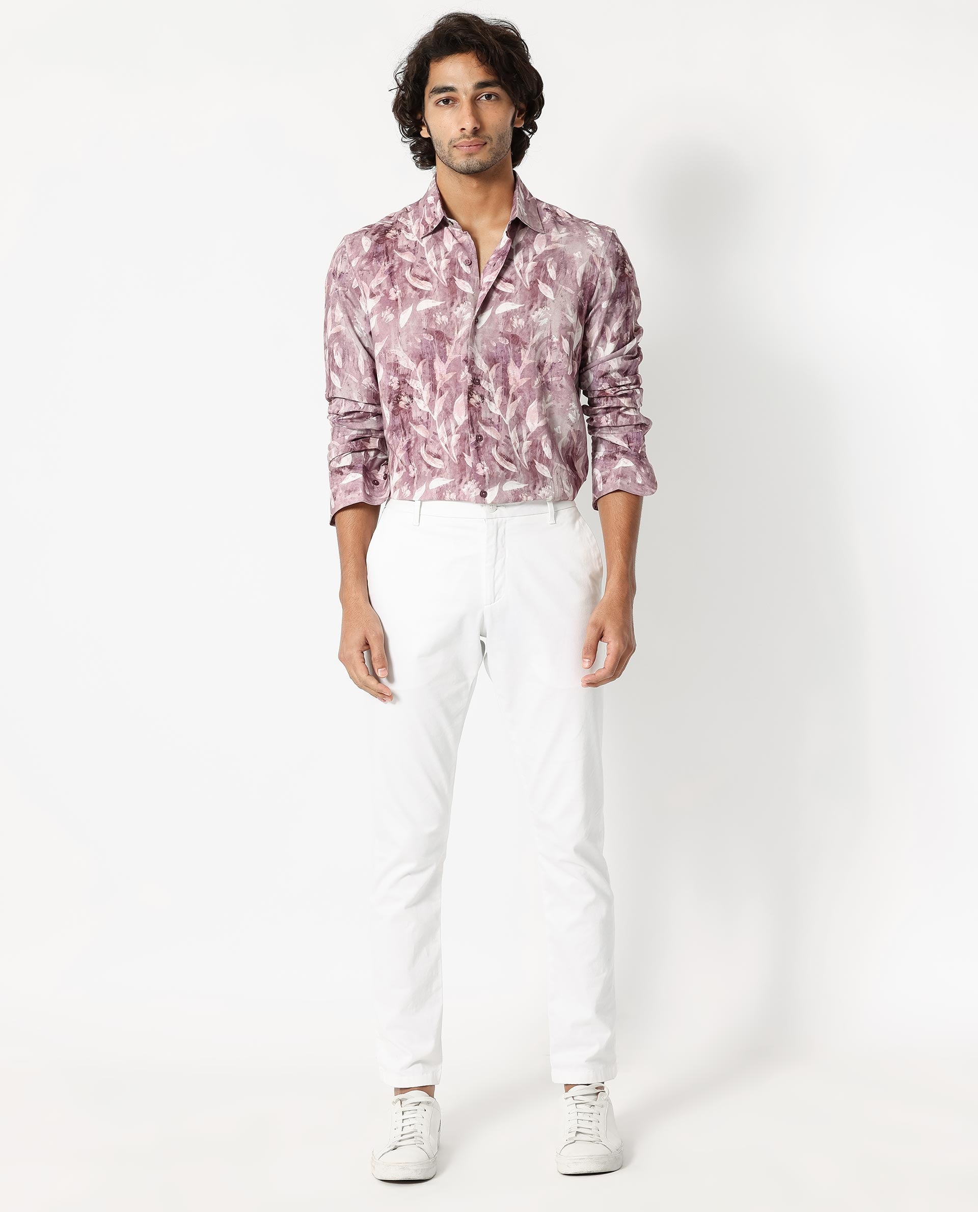 Rare Rabbit Men's Biskra Light Grey Viscose Fabric Full Sleeves Tropical Print Shirt