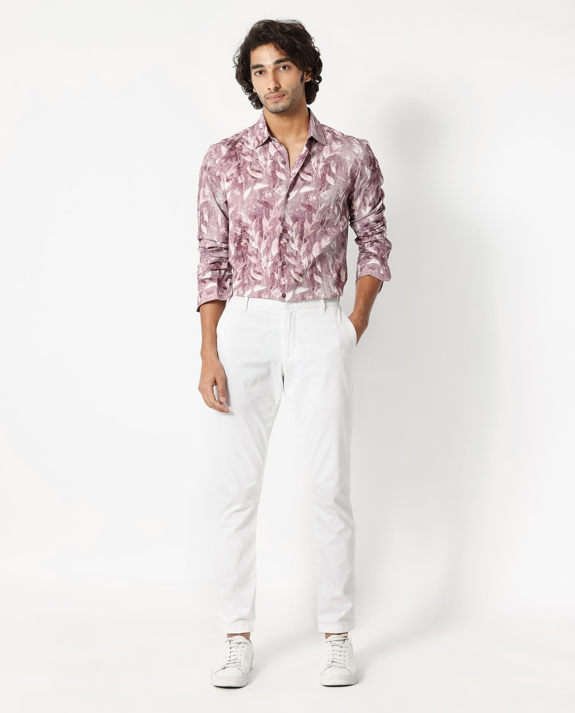 Rare Rabbit Men's Biskra Light Grey Viscose Fabric Full Sleeves Tropical Print Shirt