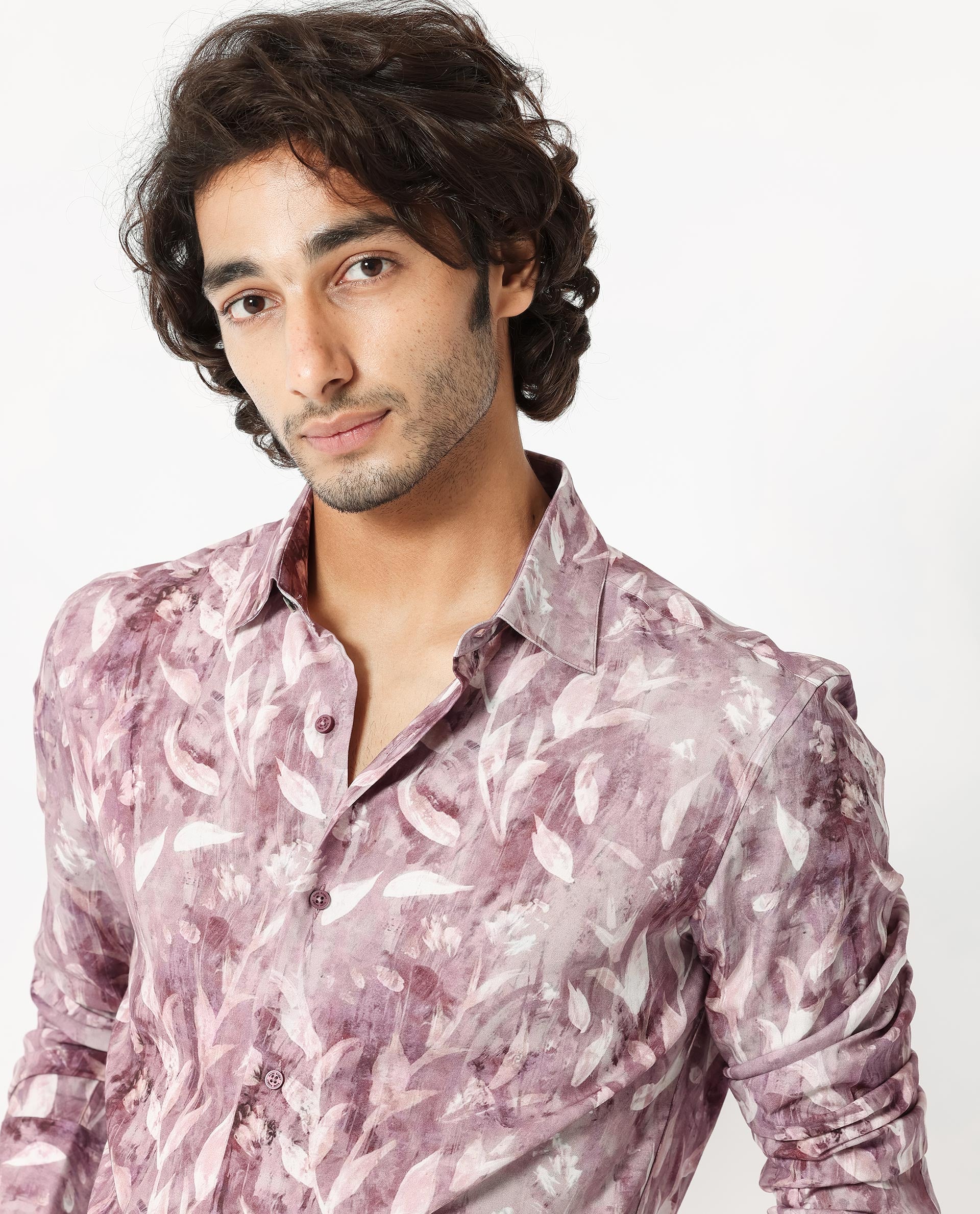 Rare Rabbit Men's Biskra Light Grey Viscose Fabric Full Sleeves Tropical Print Shirt