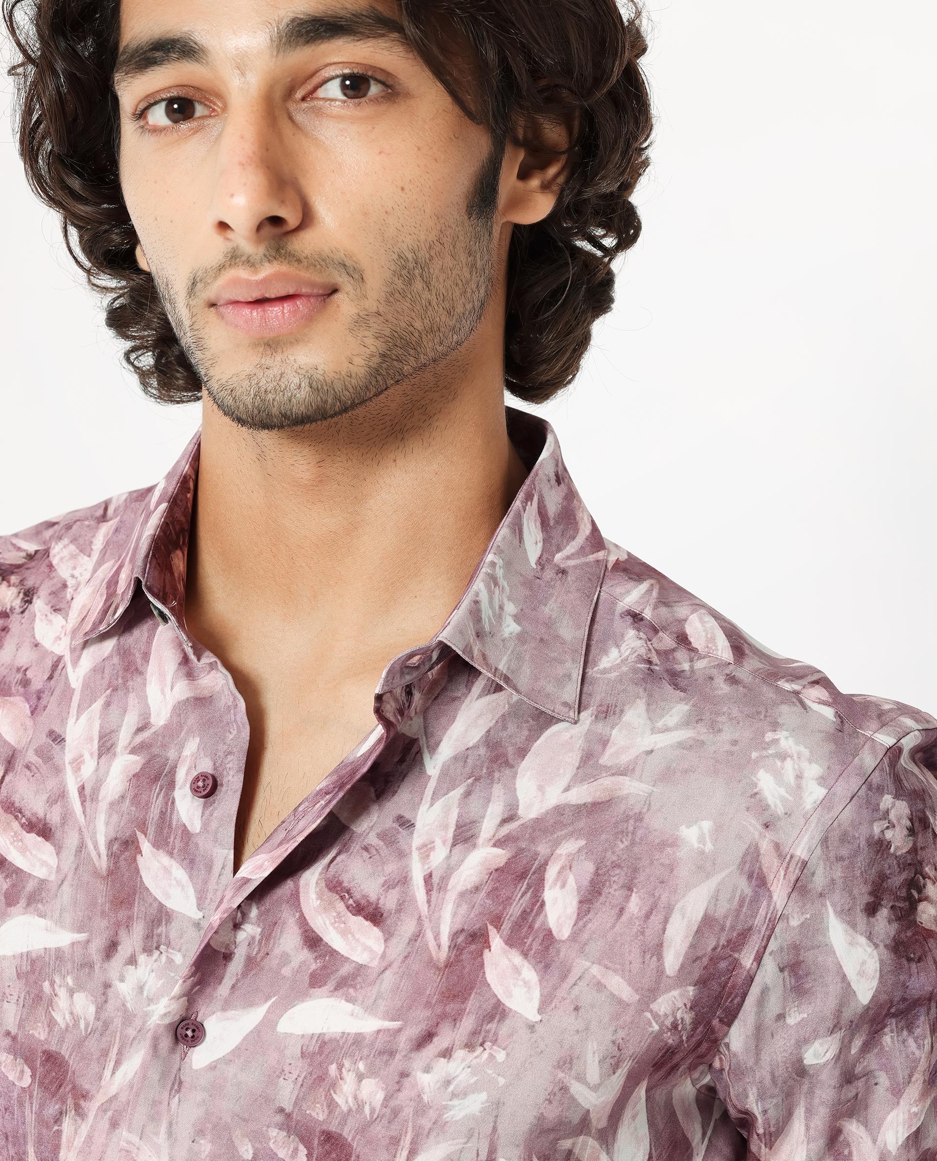 Rare Rabbit Men's Biskra Light Grey Viscose Fabric Full Sleeves Tropical Print Shirt