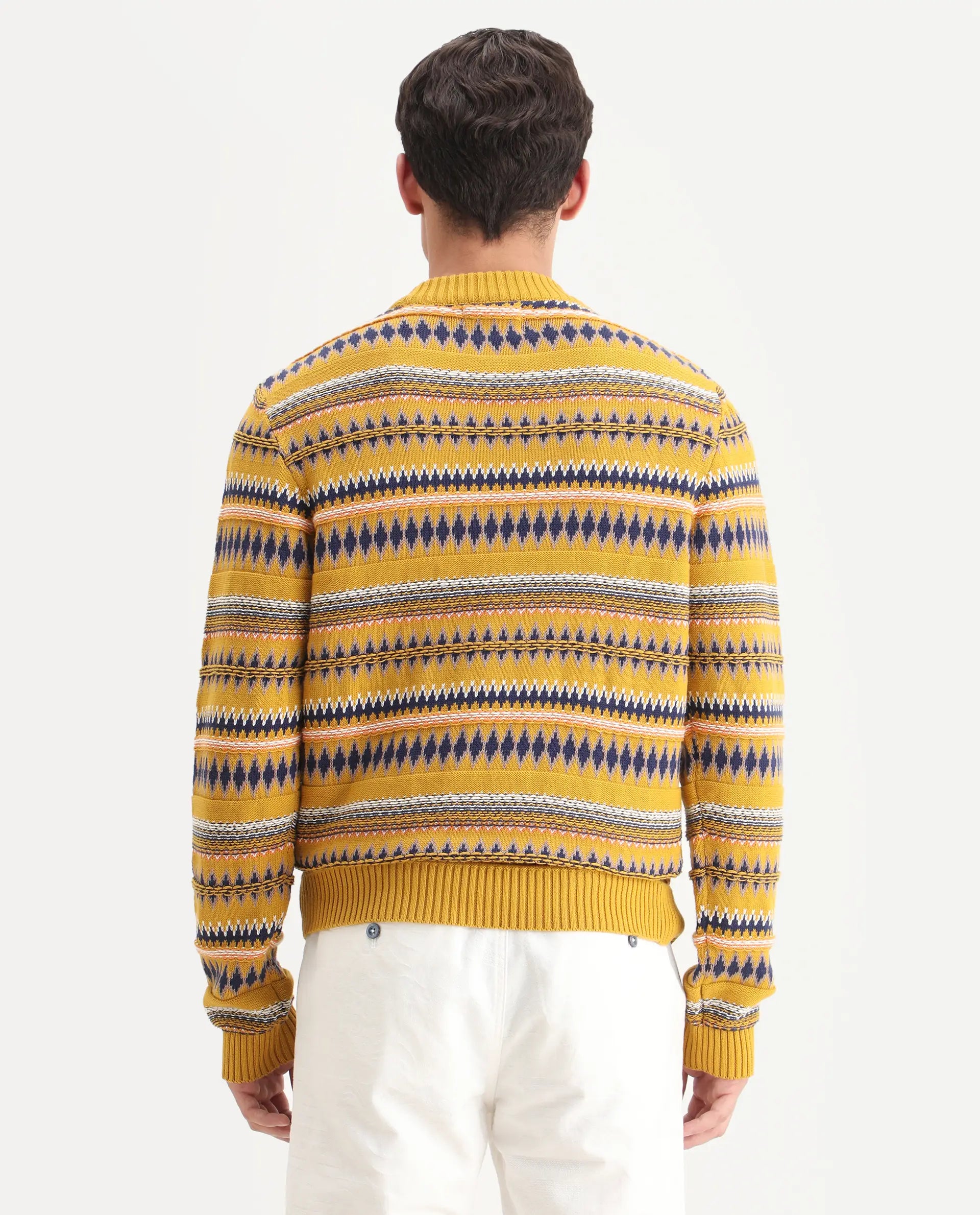 Rare Rabbit Men's Bita Yellow Cotton Fabric Full Sleeve Crew Neck Fair Isle Sweater