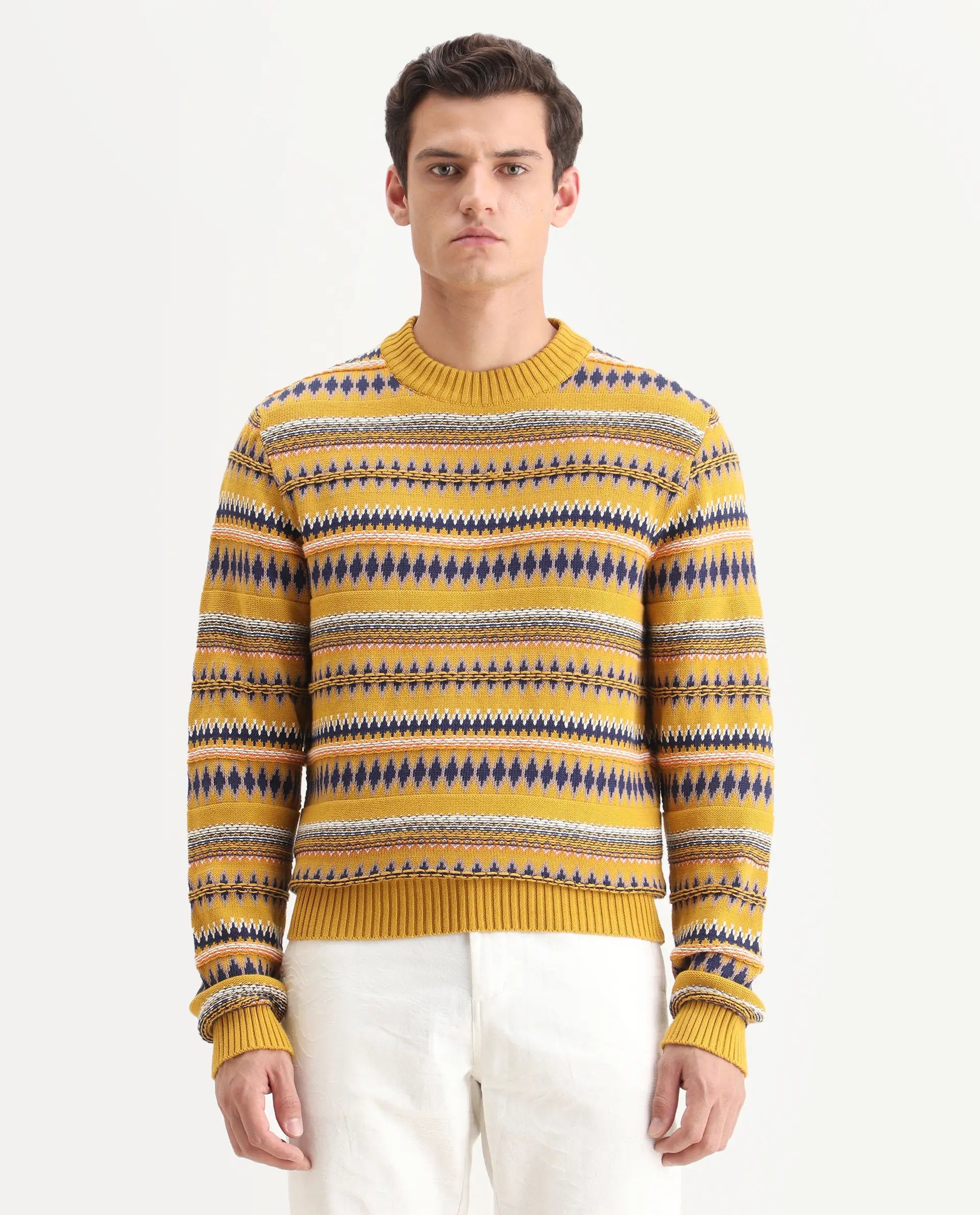 Rare Rabbit Men's Bita Yellow Cotton Fabric Full Sleeve Crew Neck Fair Isle Sweater
