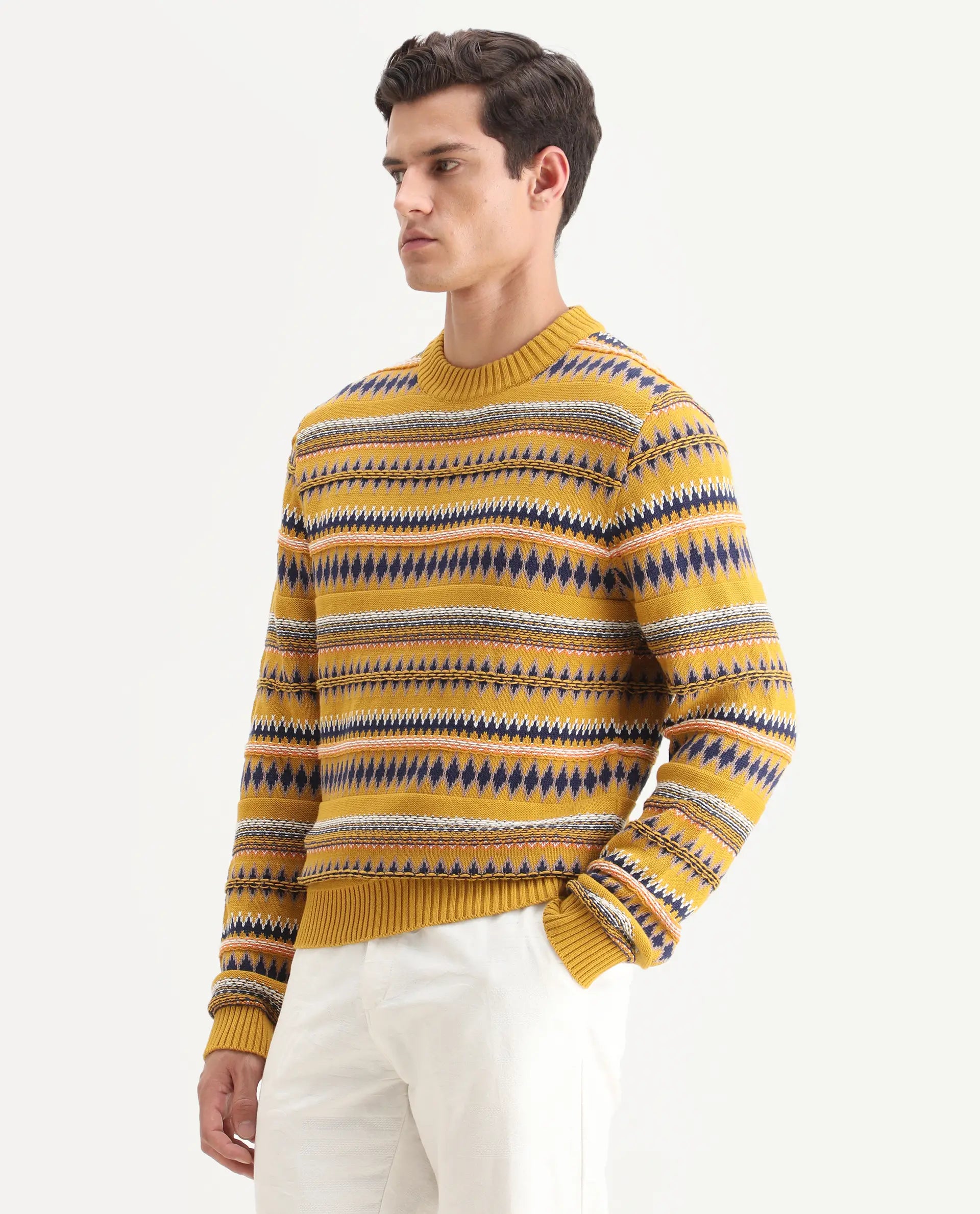 Rare Rabbit Men's Bita Yellow Cotton Fabric Full Sleeve Crew Neck Fair Isle Sweater