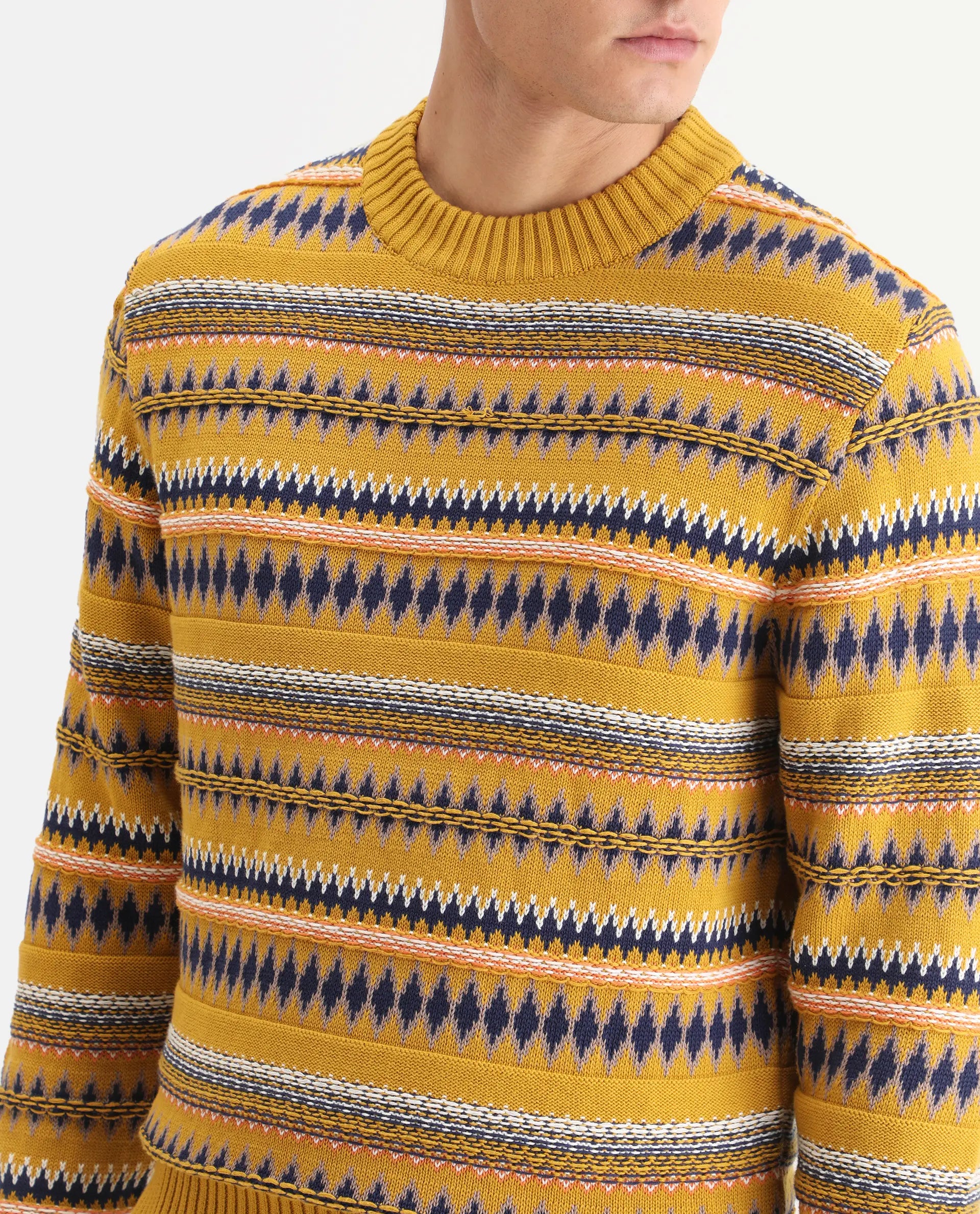 Rare Rabbit Men's Bita Yellow Cotton Fabric Full Sleeve Crew Neck Fair Isle Sweater