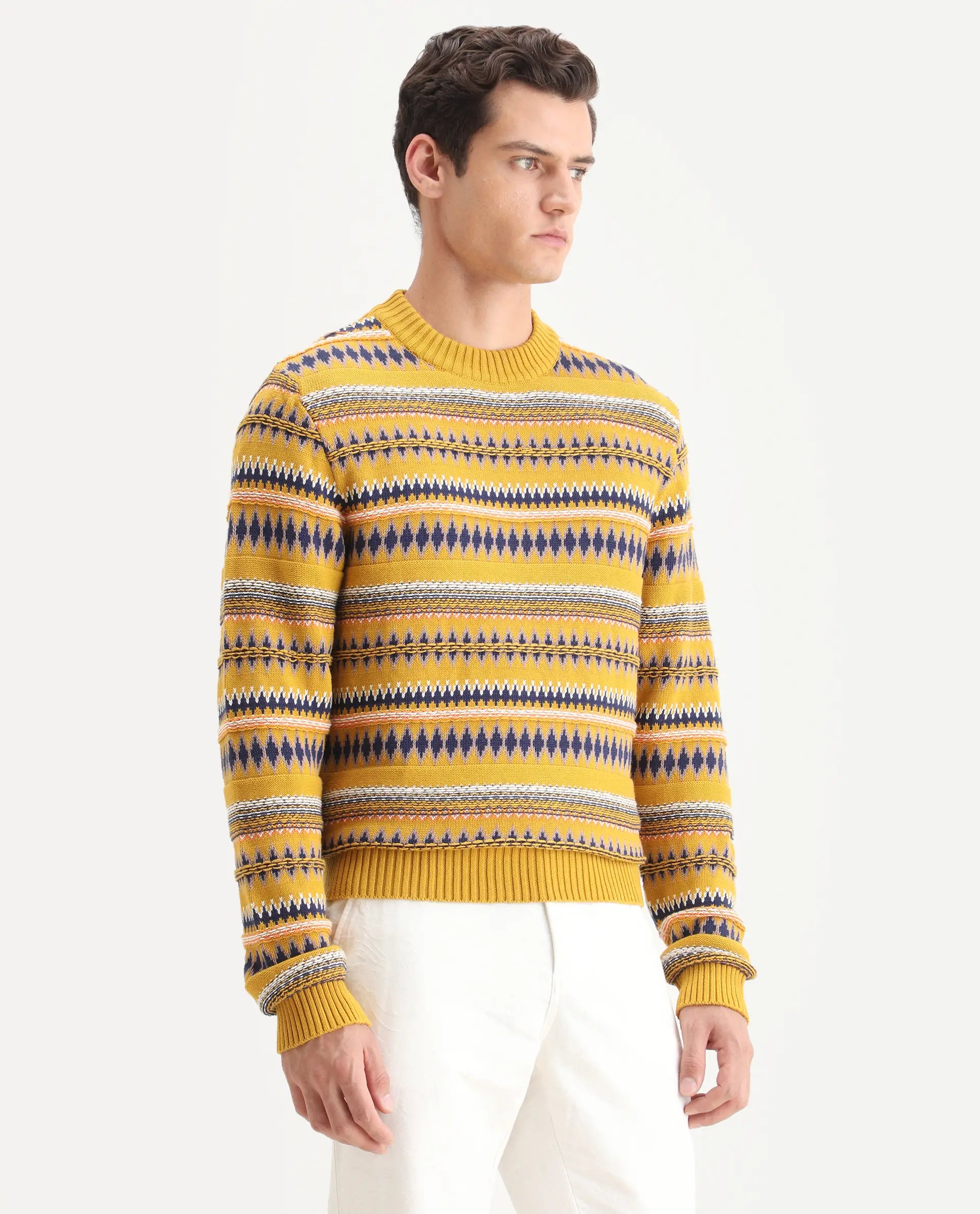 Rare Rabbit Men's Bita Yellow Cotton Fabric Full Sleeve Crew Neck Fair Isle Sweater