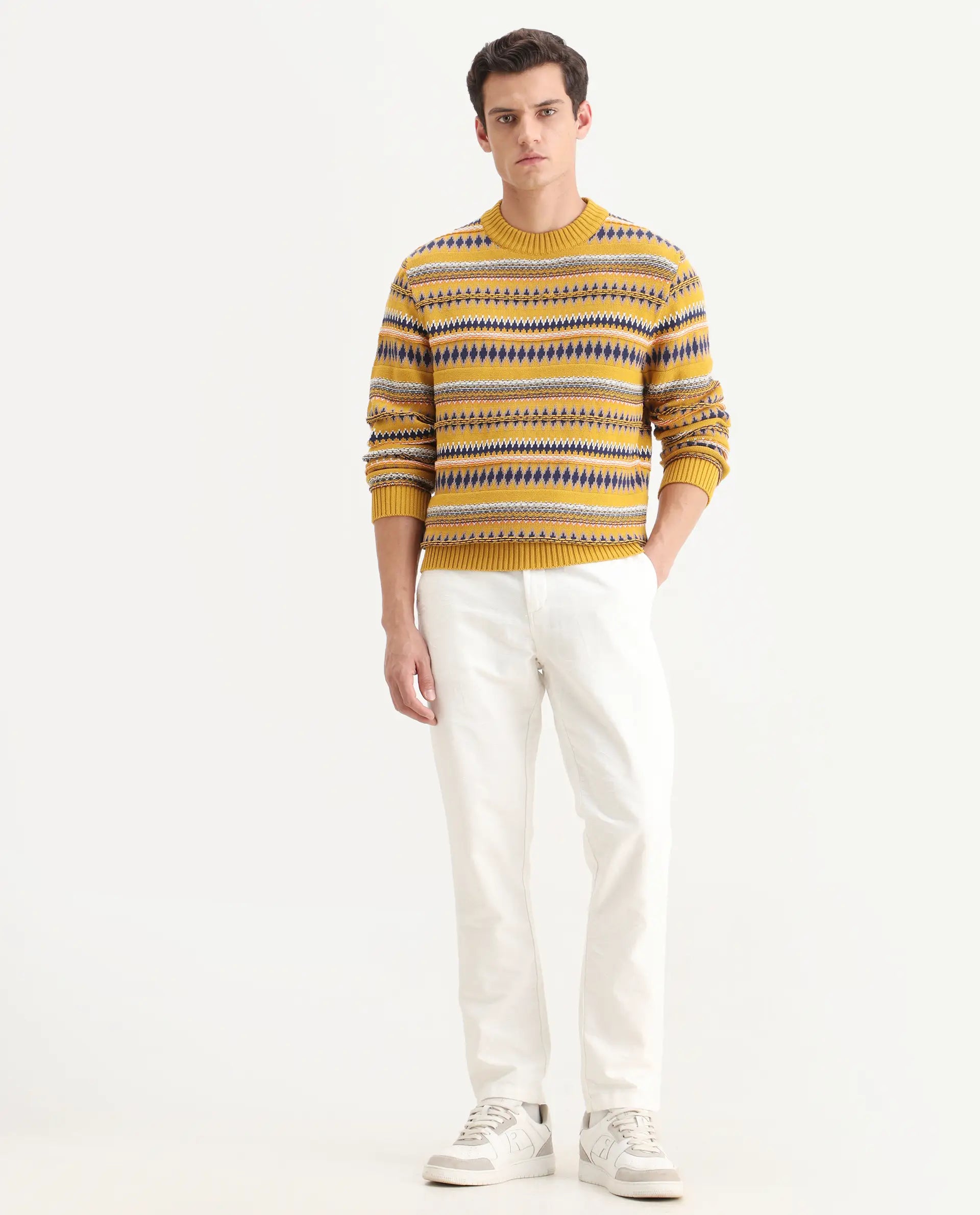 Rare Rabbit Men's Bita Yellow Cotton Fabric Full Sleeve Crew Neck Fair Isle Sweater