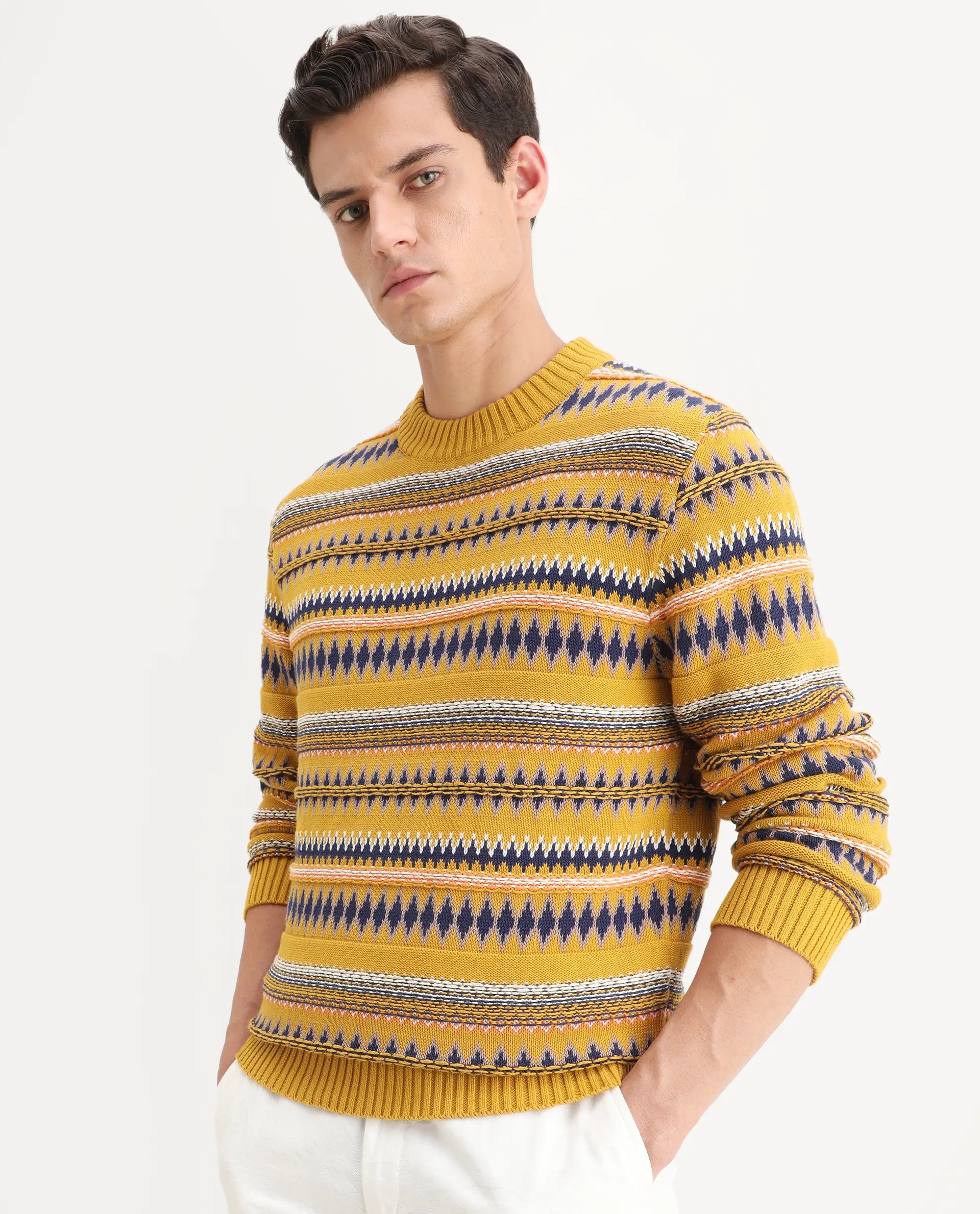 Rare Rabbit Men's Bita Yellow Cotton Fabric Full Sleeve Crew Neck Fair Isle Sweater